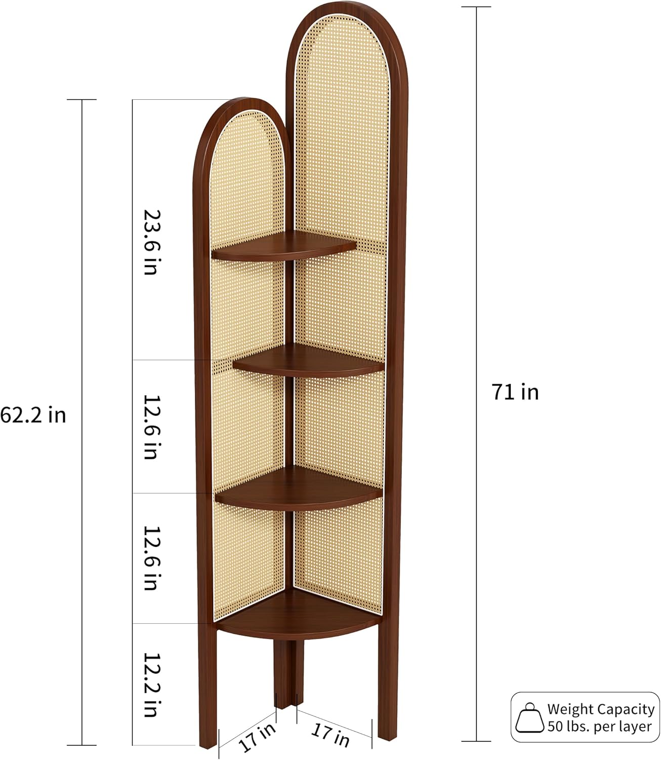 4 Tier Corner Shelf Stand Solid Wood Boho Rattan Shelves with Wicker Weave for Bedroom Living Room