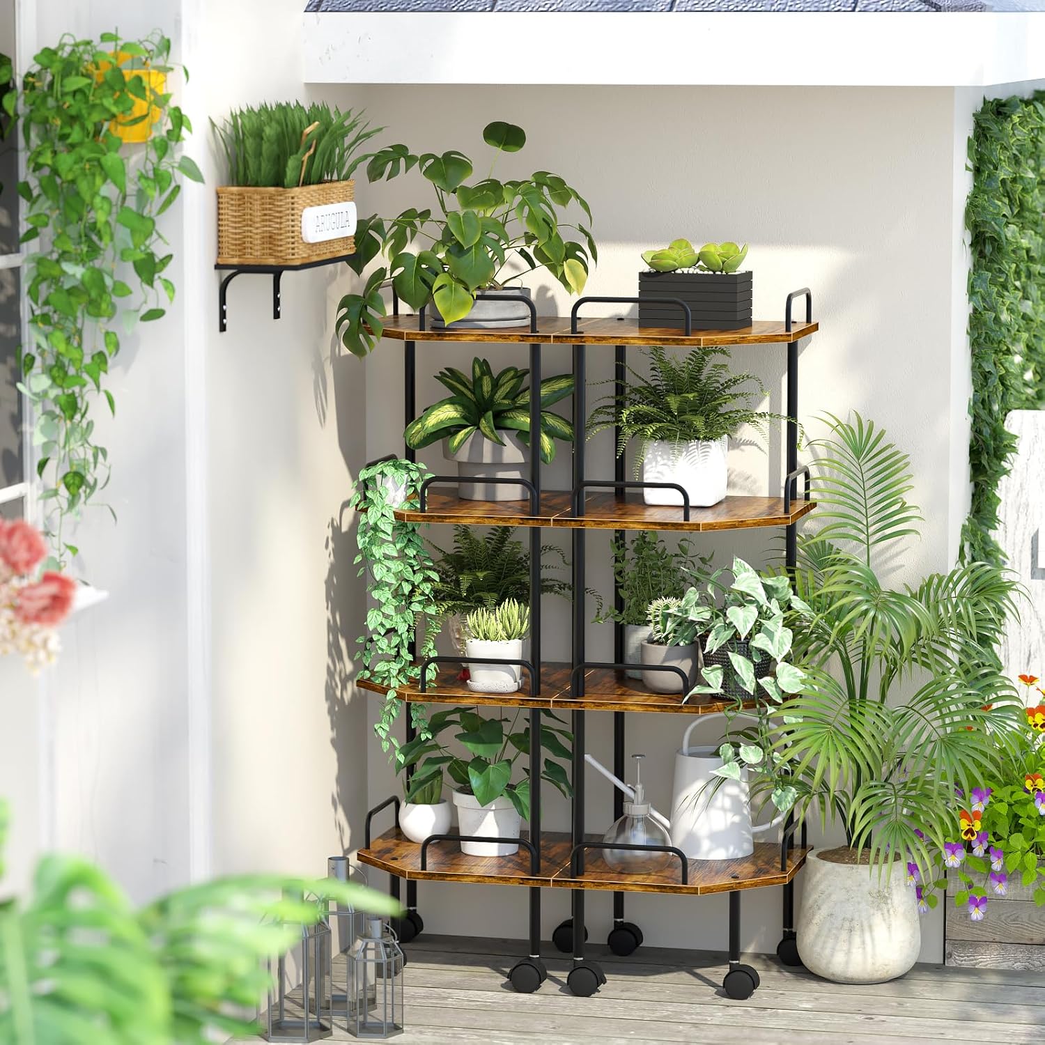 Corner Shelf Stand with Wheel 4-Tier Bookshelf Storage Display