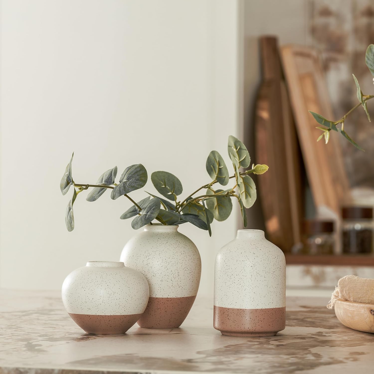 Ceramic Vase Set of 3 Rustic Farmhouse Decor Beige Brown