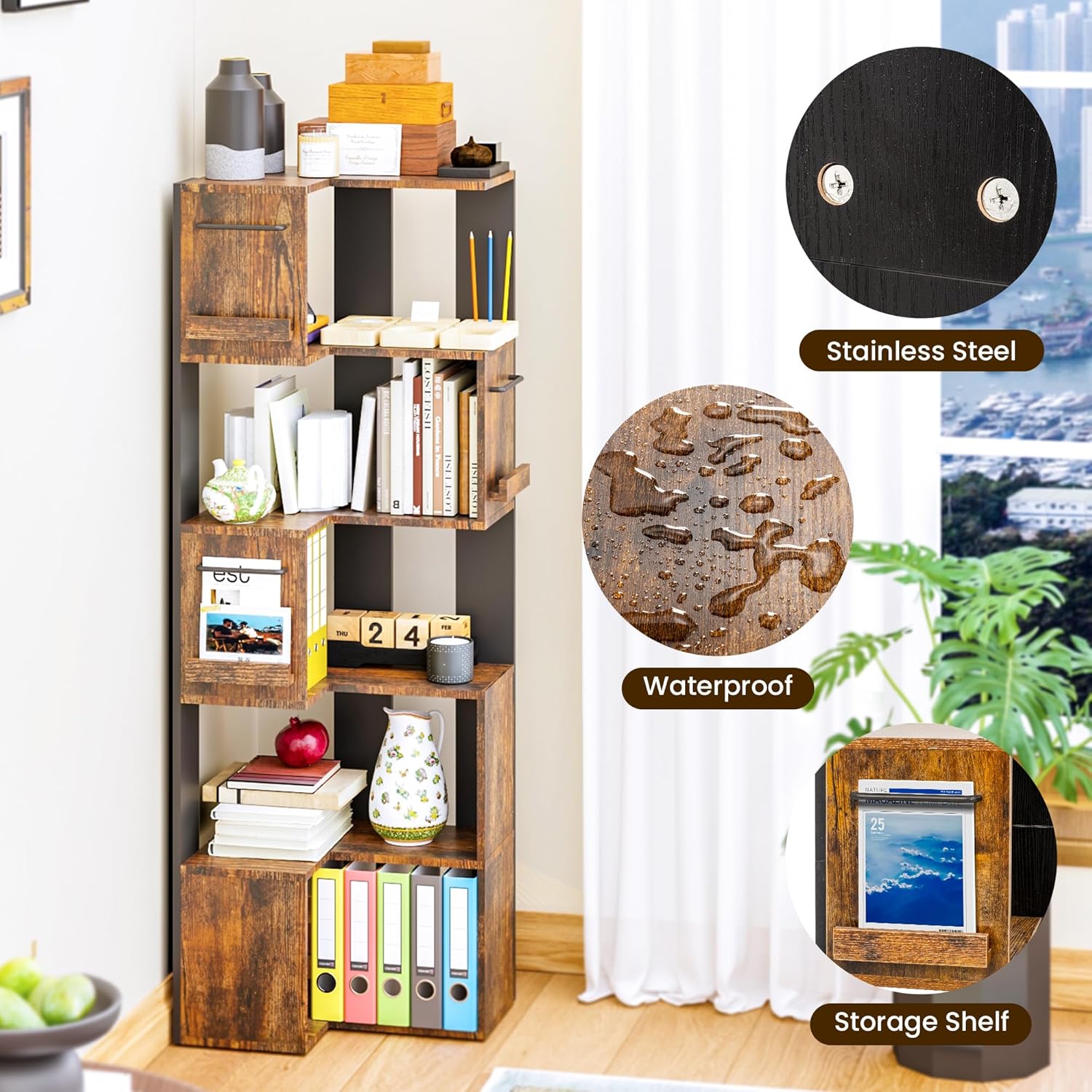 PPAMAPIC 5 Tier Corner Bookshelf L Shaped Storage Rack for Kitchen and Living Room