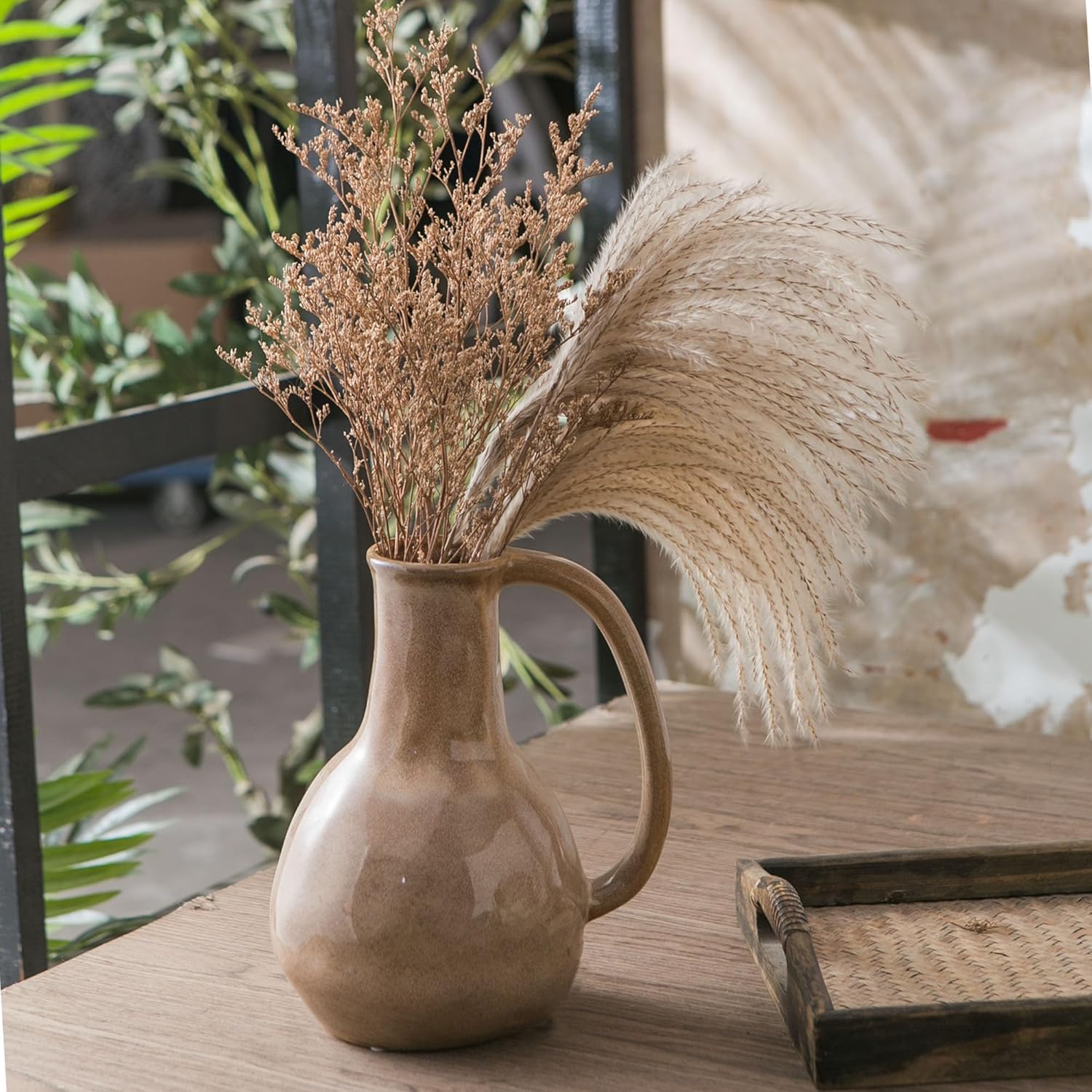 Brown Ceramic Vase with Big Handle Rustic Farmhouse Decor