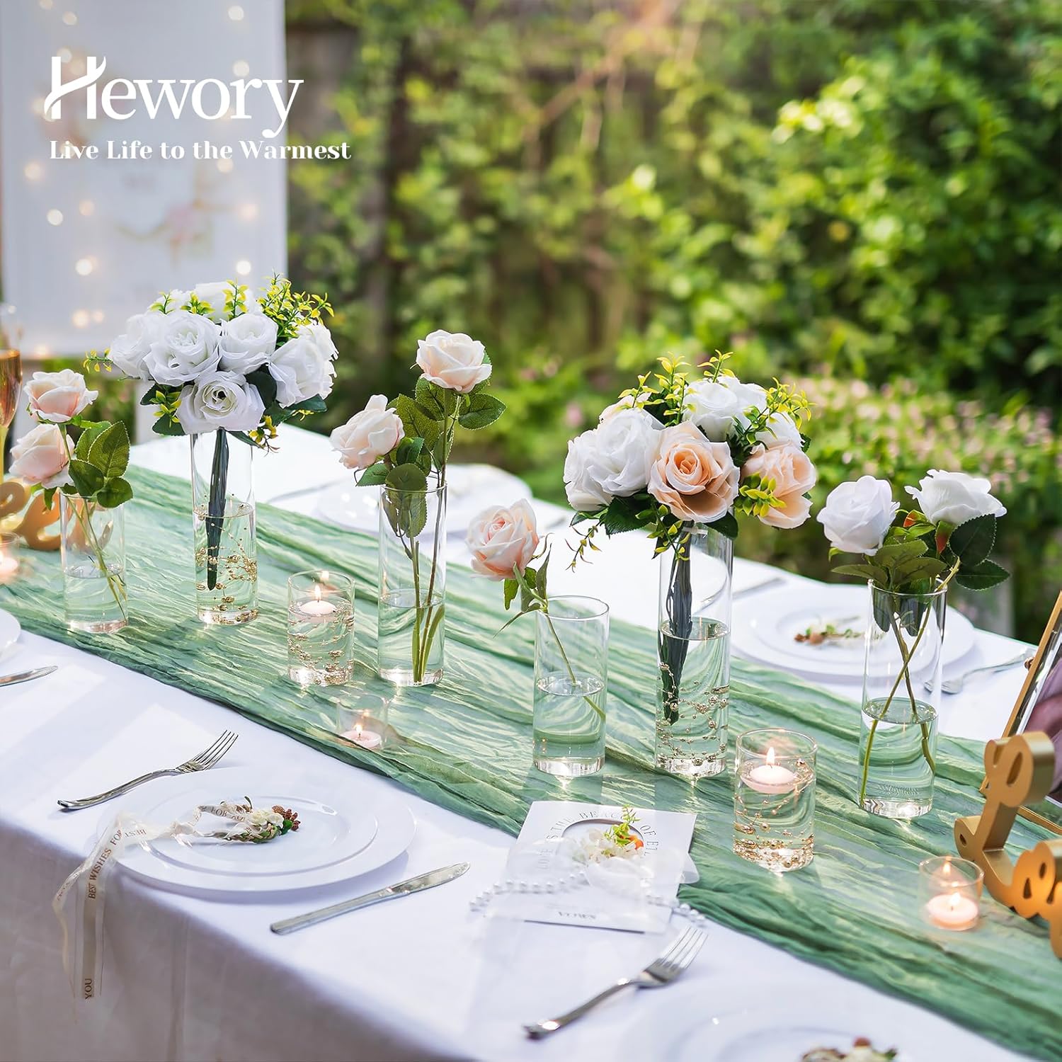 Hewory Clear Glass Cylinder Vases Set of 12 with Pearl String for Centerpieces