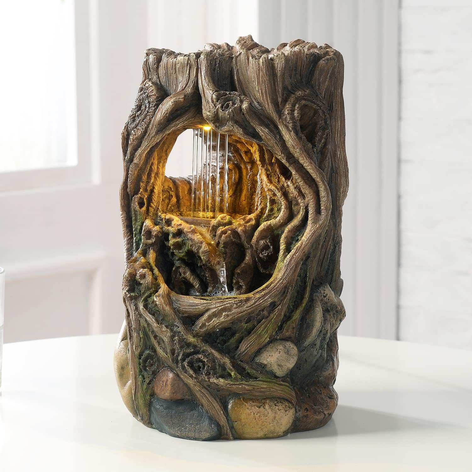 GOSSI Indoor Fountain Tabletop Stump Waterfall Decor