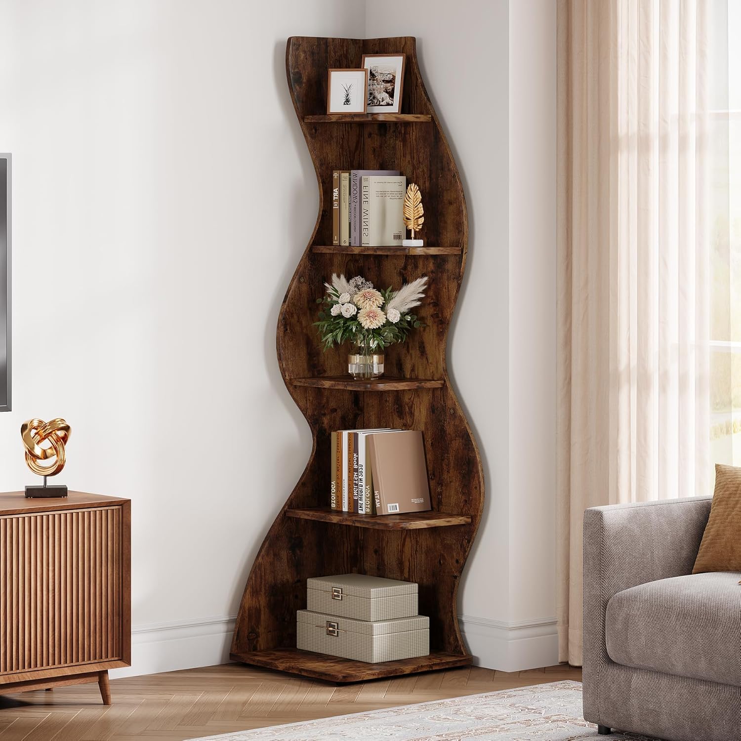 Tribesigns Wavy Corner Shelf 5-Tier Bookcase with Curvy Design for Modern Living Room
