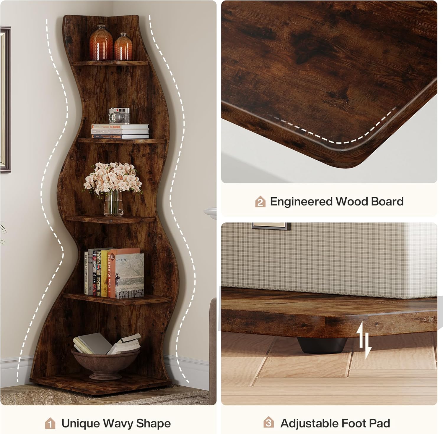 Tribesigns Wavy Corner Shelf 5-Tier Bookcase with Curvy Design for Modern Living Room