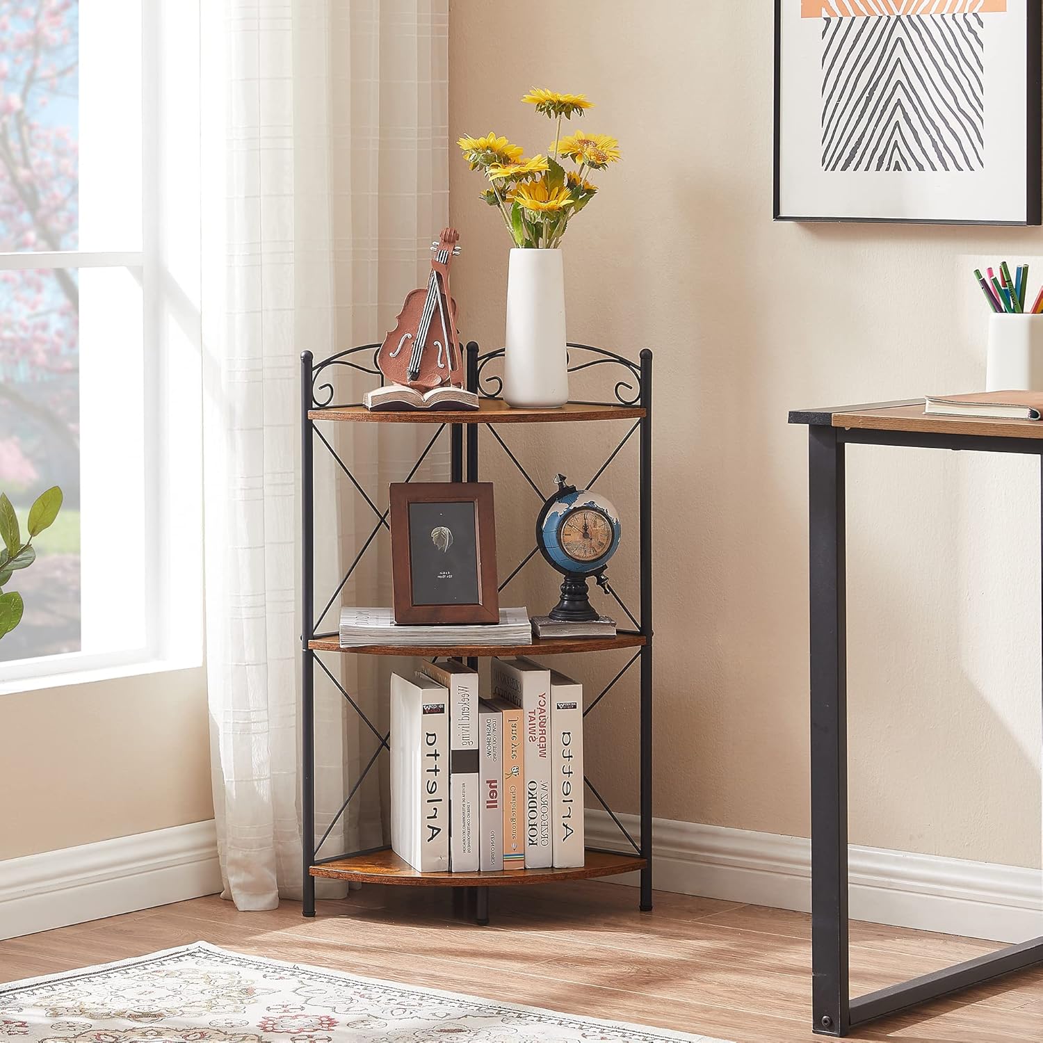 VECELO Corner Table with Storage Shelves for Compact Space
