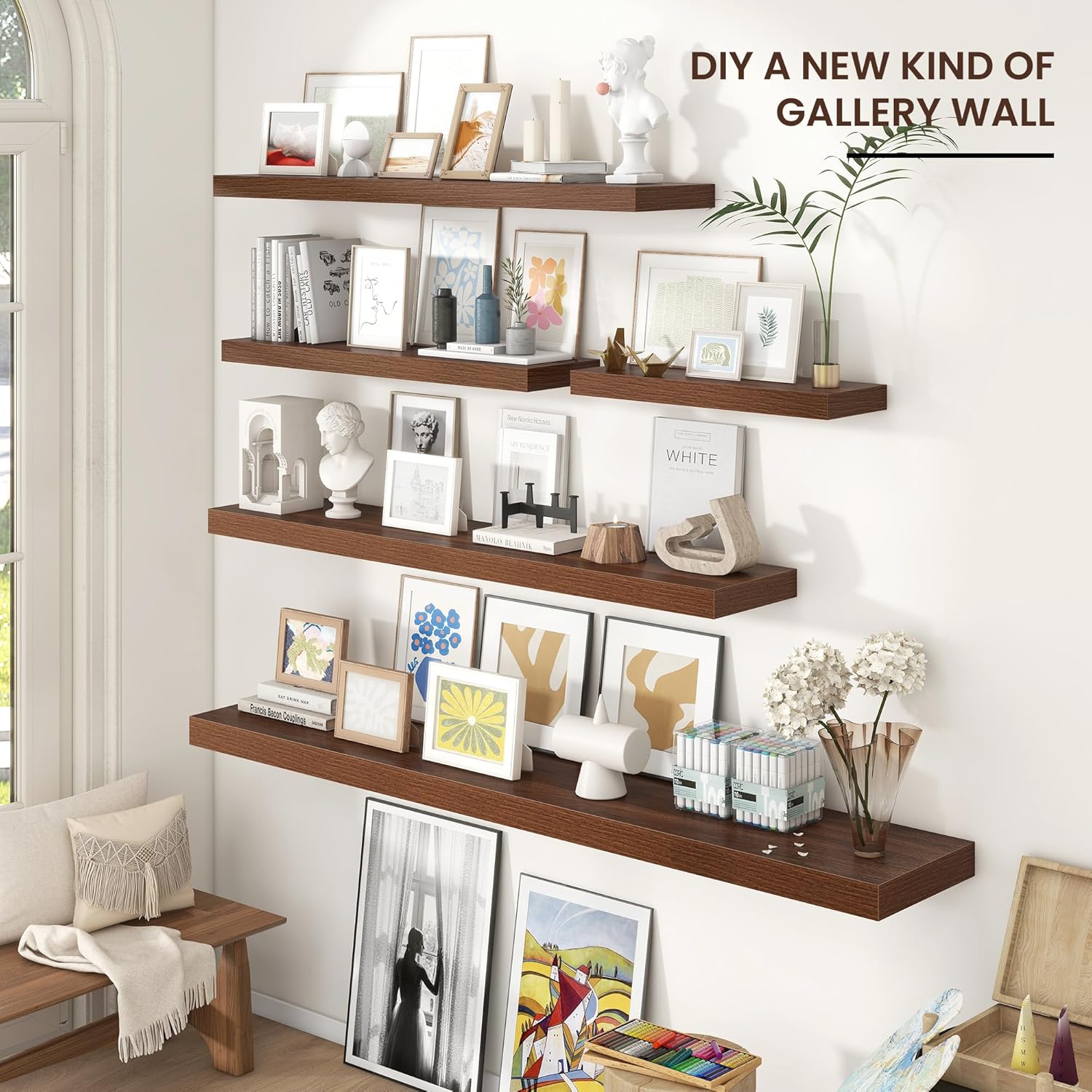 Venusmiles 55W x 10D Floating Wall Shelf Walnut