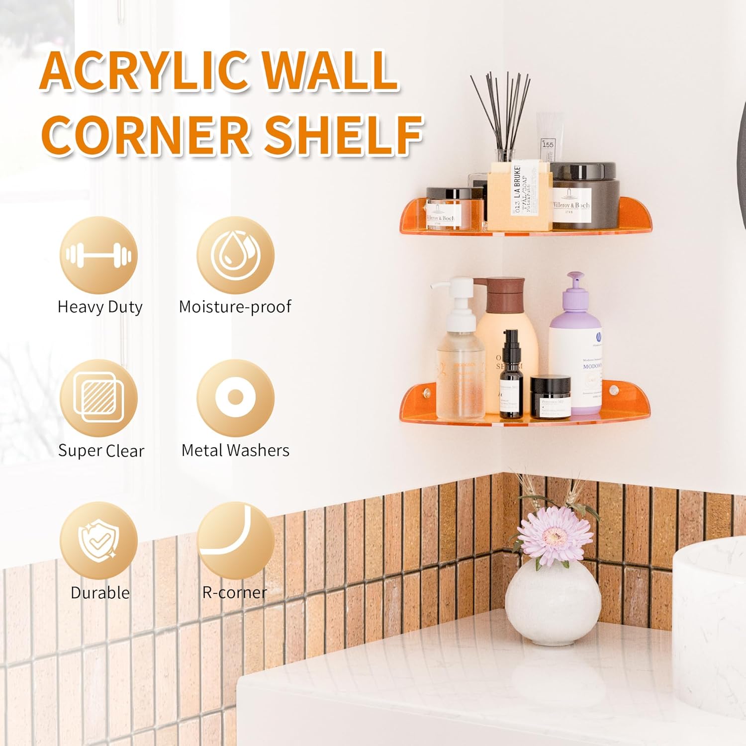 7x7 Inch Floating Corner Shelf Set of 2 Orange Acrylic Wall Mount Organizer
