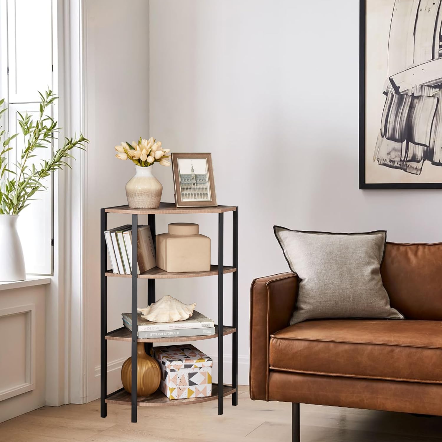 JOIN IRON 4-Tier Corner Bookshelf with Plant Stand