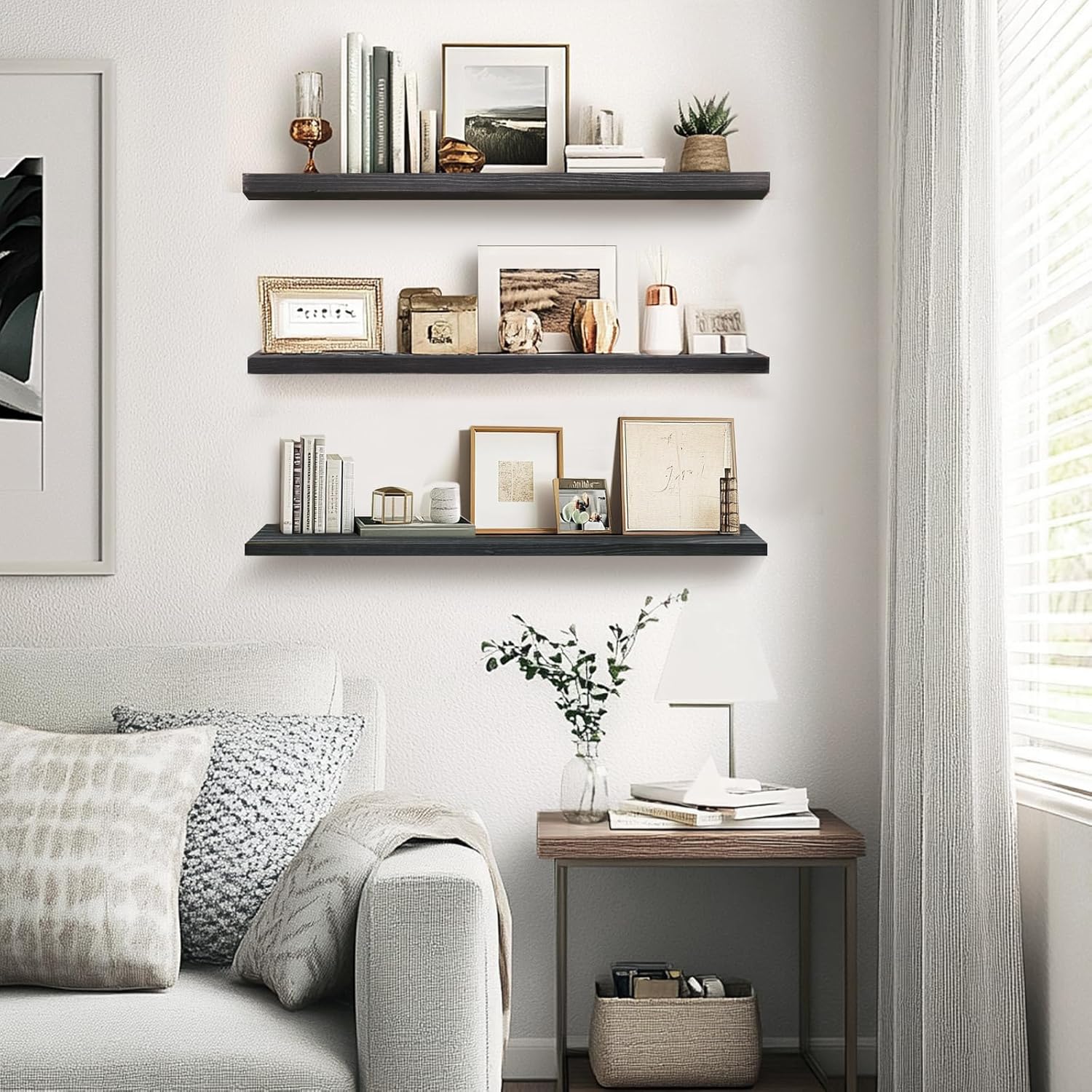 Floating Wall Shelves 3-Pack - 24 Inch Rustic Black Wooden Shelves for Space Saving Storage and Dcor