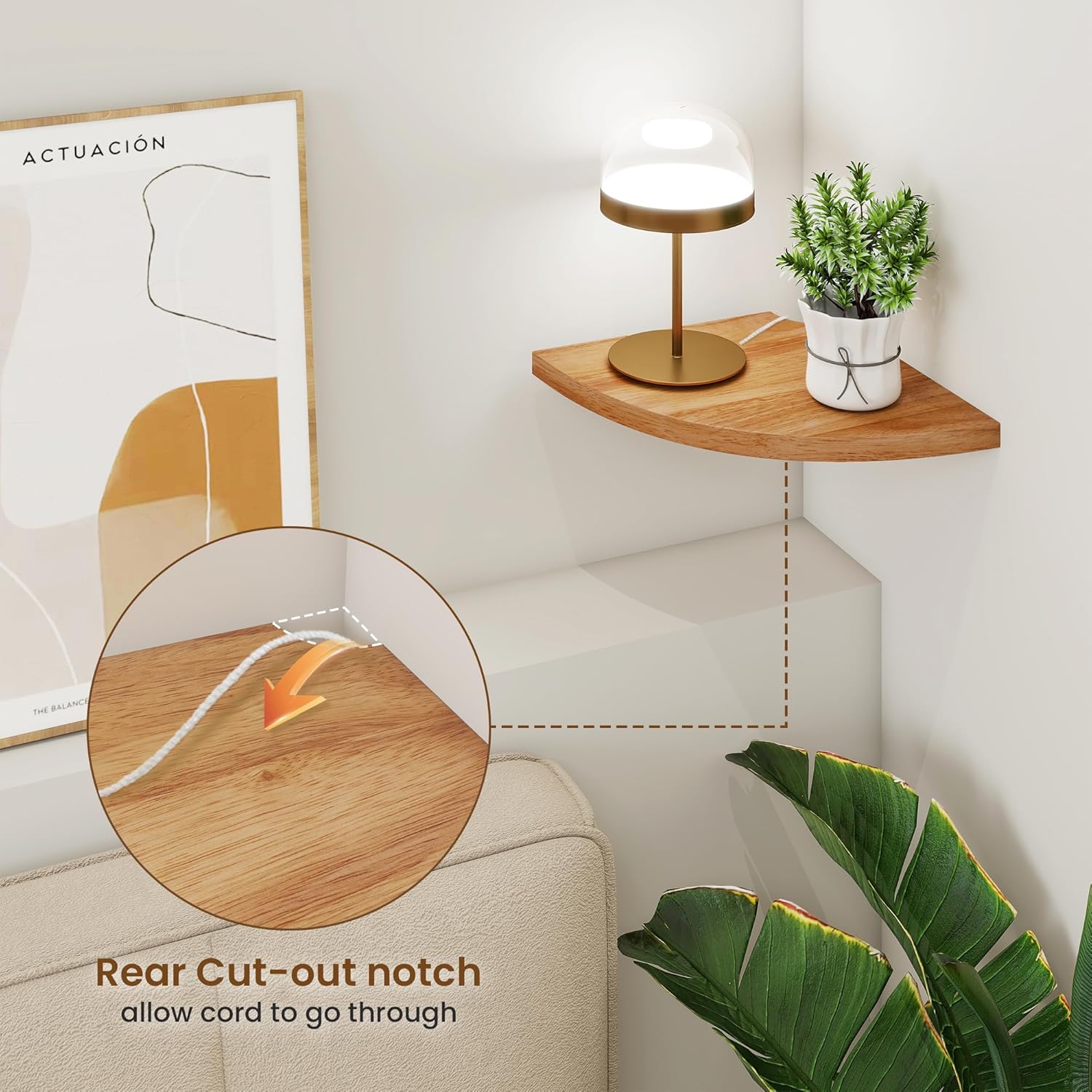 Fun Memories Corner Shelf Wall Mount Solid Oak Floating Shelves with Cable Hole 85in Rustic Design for Home Use