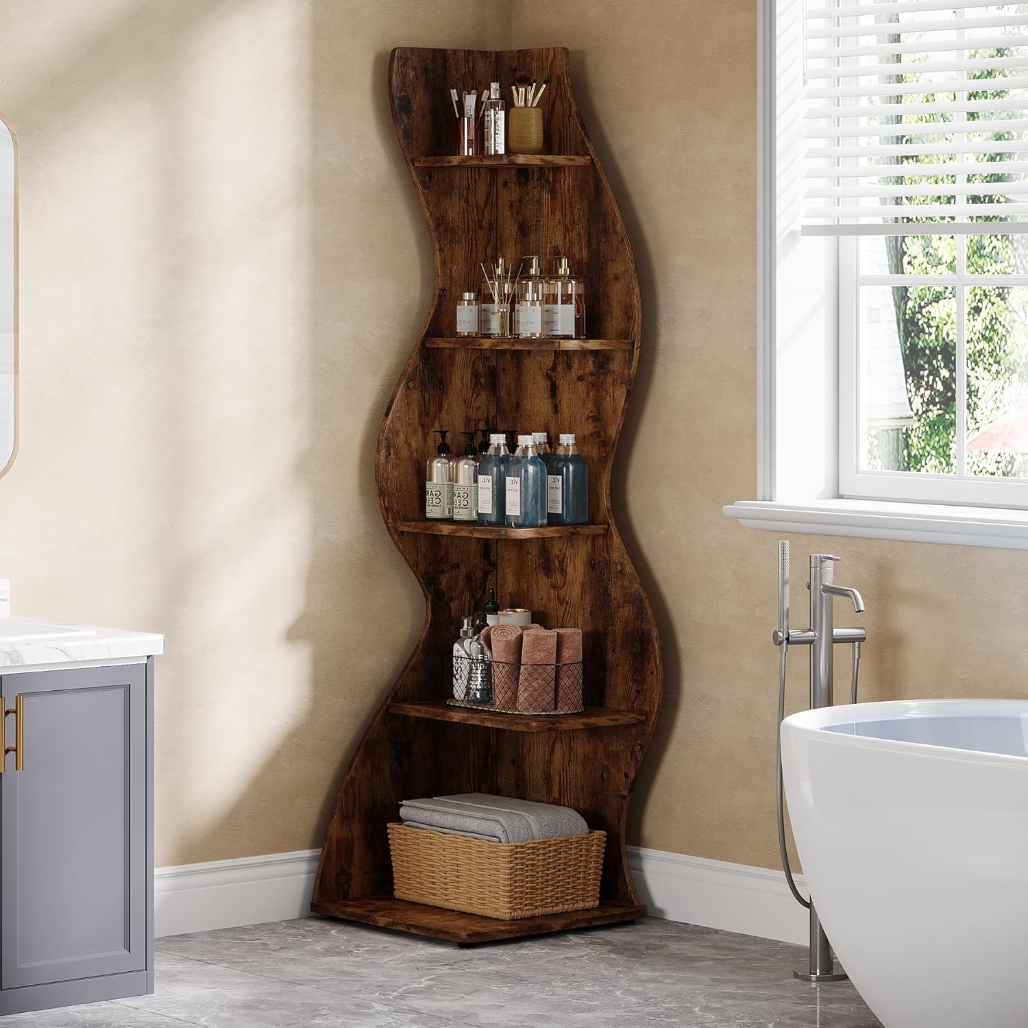 Tribesigns Wavy Corner Shelf 5-Tier Bookcase with Curvy Design for Modern Living Room