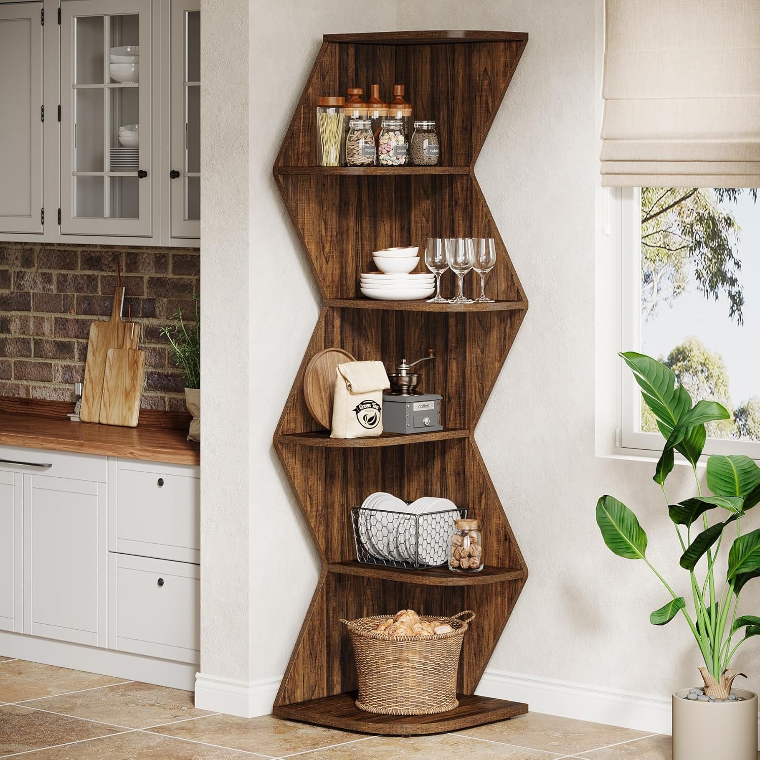 Tribesigns 5-Tier Corner Shelf 715 Inch Tall Rustic Brown Bookshelf Storage Display Unit