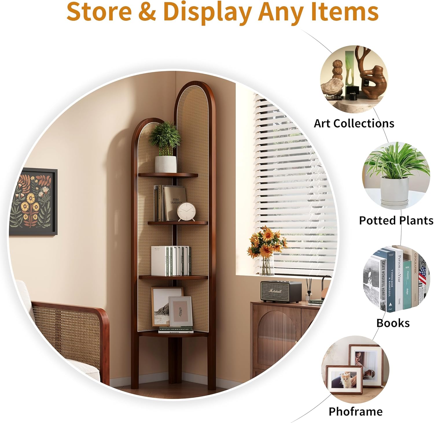 4 Tier Corner Shelf Stand Solid Wood Boho Rattan Shelves with Wicker Weave for Bedroom Living Room