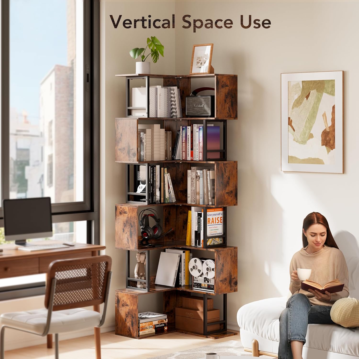 7 Tier Corner Bookshelf - Brown Tall Industrial Design