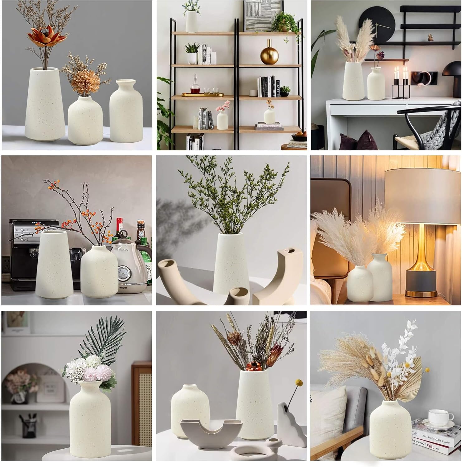 Set of 3 Beige Ceramic Vases for Pampas Grass and Dried Flowers