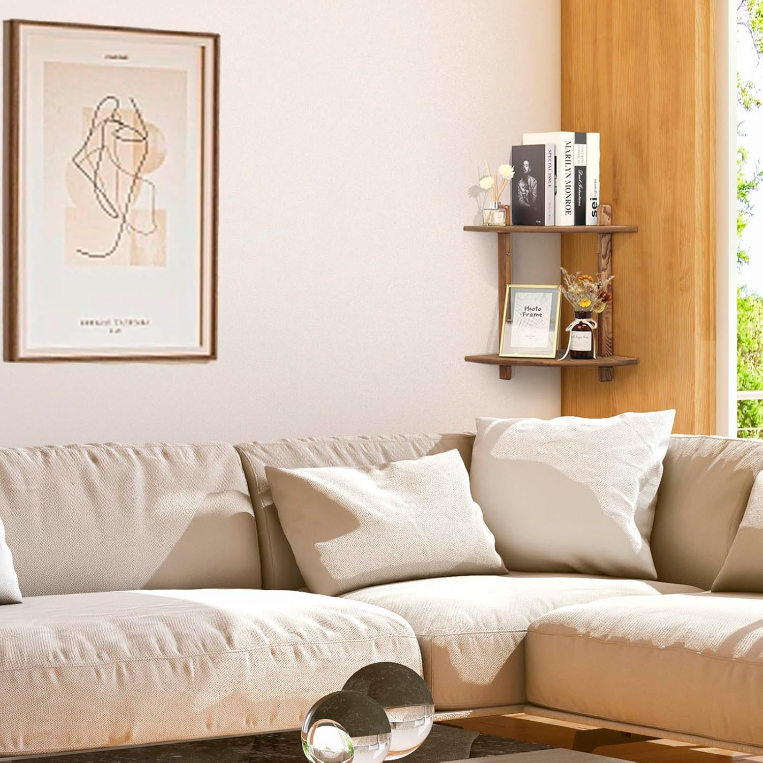 Floating Corner Shelf Wood Bookshelf for Living Room Bedroom Kitchen