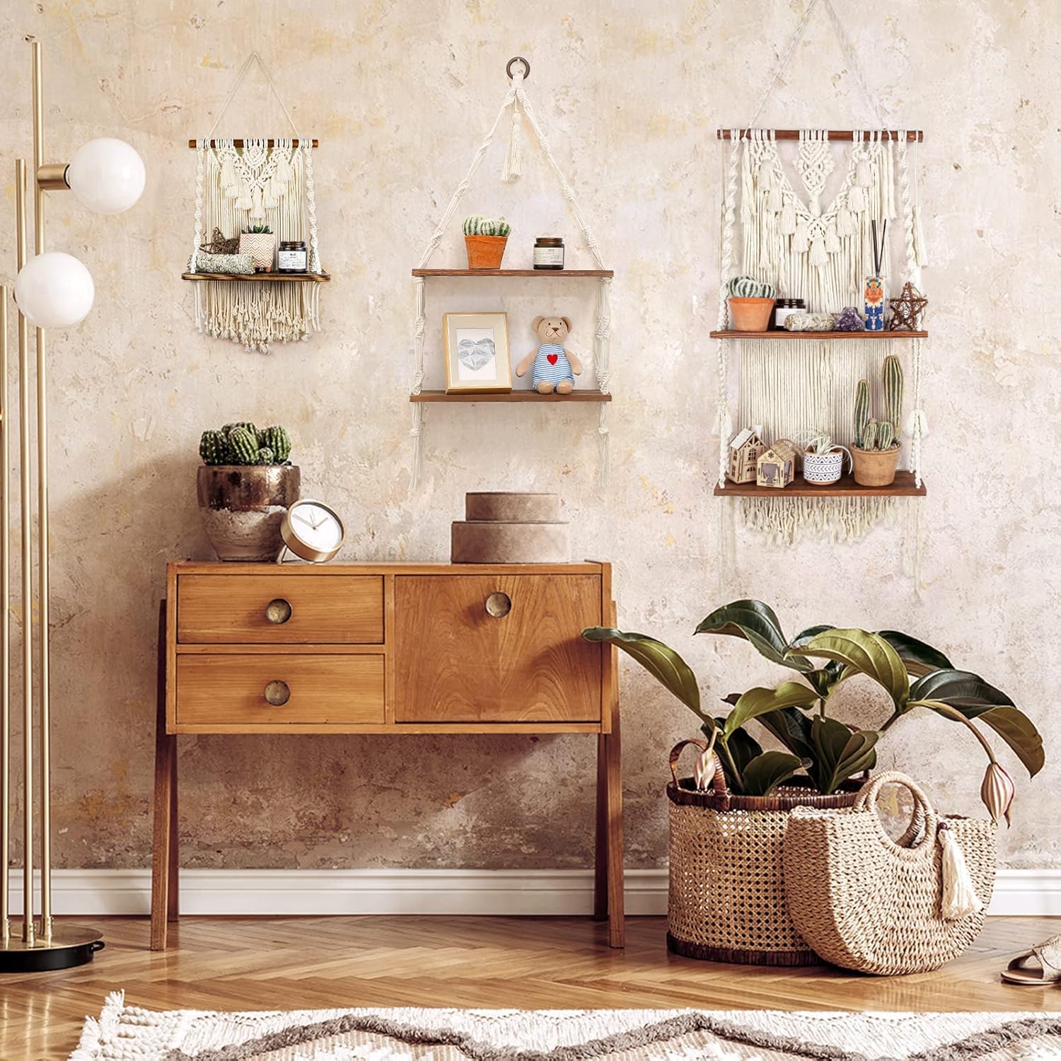 ANROYE 2 Tier Boho Wall Hanging Shelf
