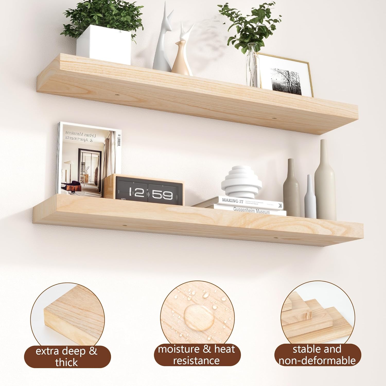 Fuqing Natural Wood Floating Shelves 36 Inch Set of 2