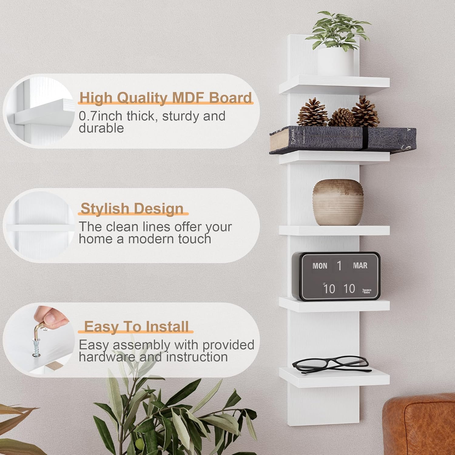 Modern White 5 Tier Wall Shelf Unit 2Pack