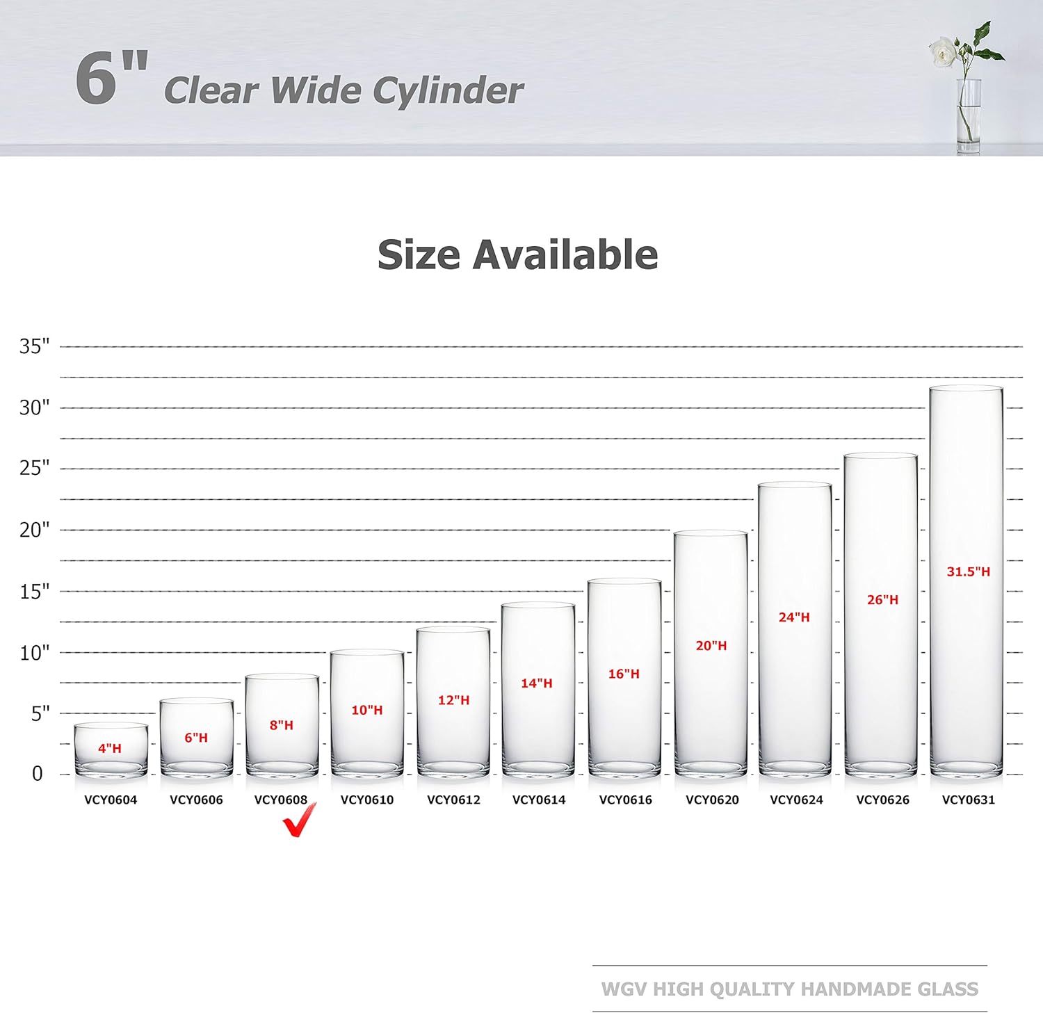 WGVI Quality Thick Cylinder Vase 6 x 8 Clear Glass Container for Wedding Centerpiece Decor Event Home Use