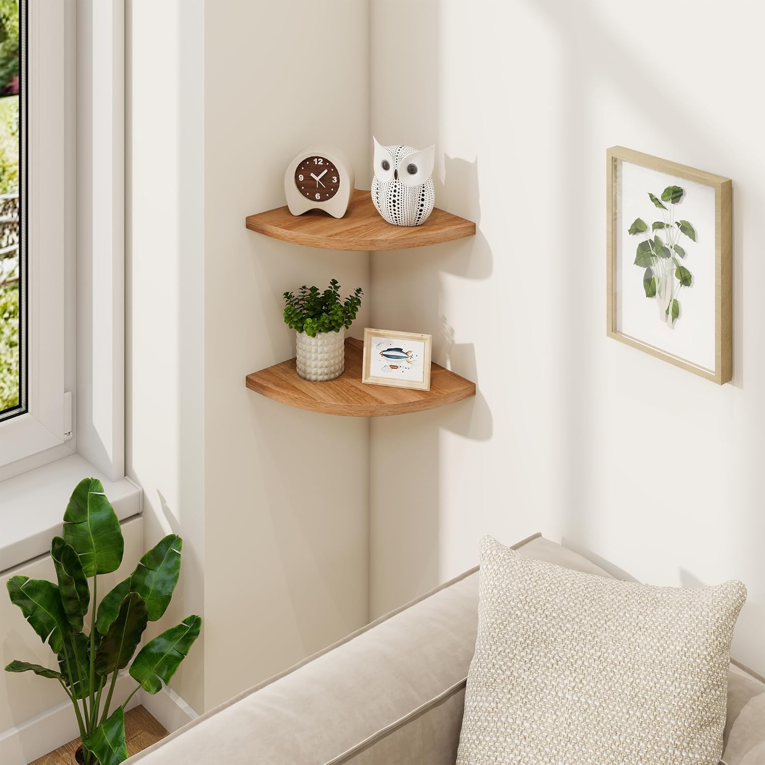Fun Memories Corner Shelf Wall Mount Solid Oak Floating Shelves with Cable Hole 85in Rustic Design for Home Use