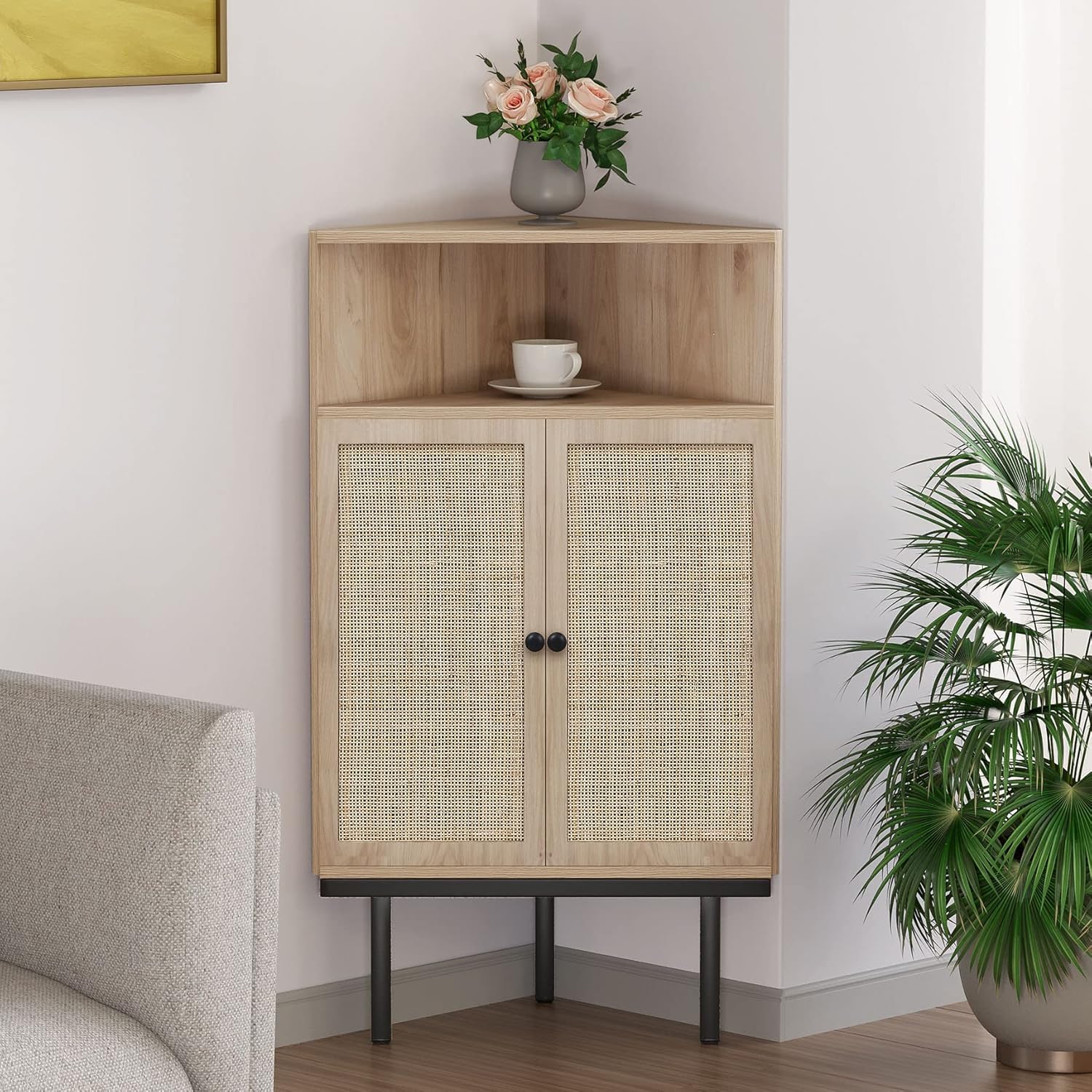 Xiao Wei 39 Inch Boho Corner Cabinet with Rattan Doors