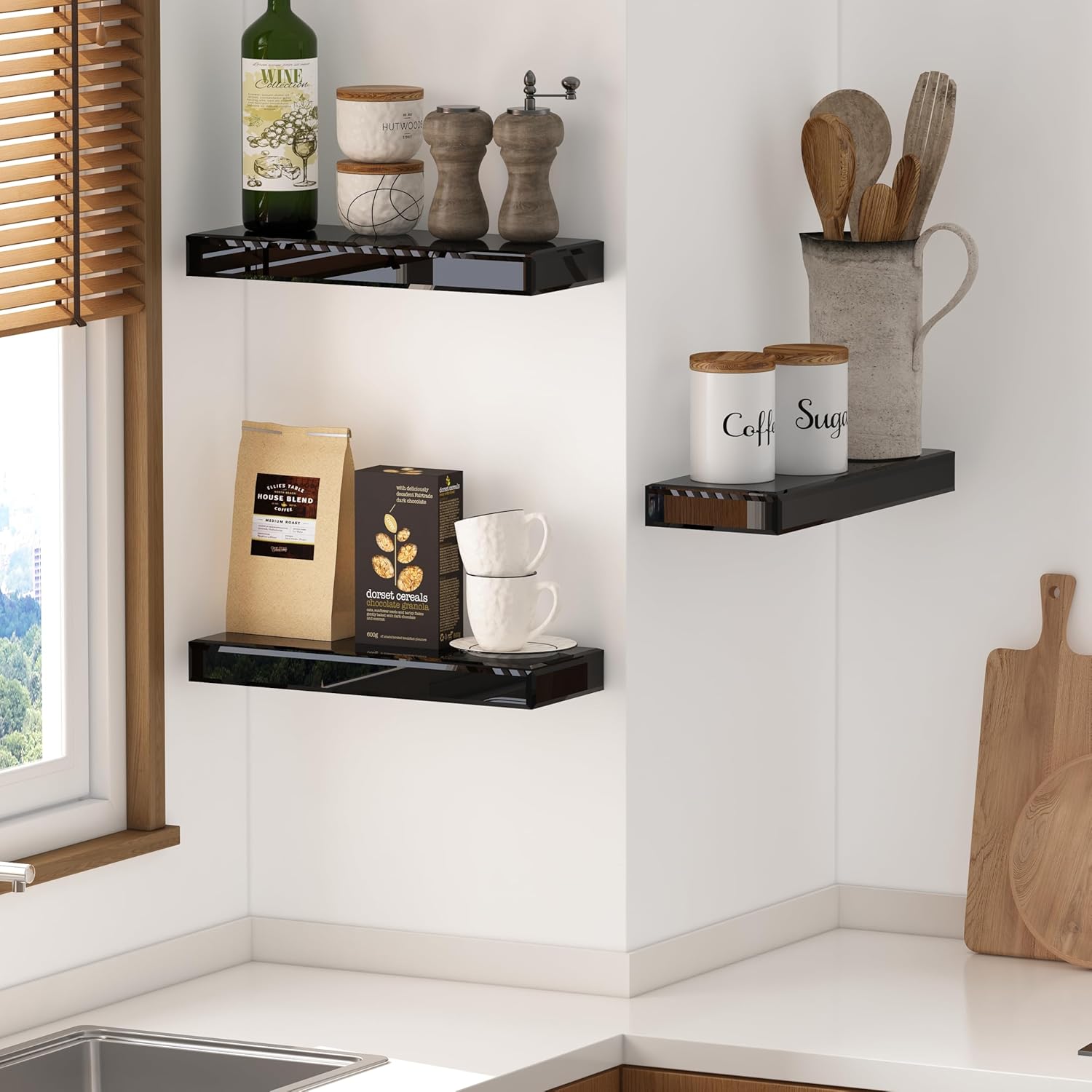 SHYFOY Black Glass Floating Shelves Set of 3