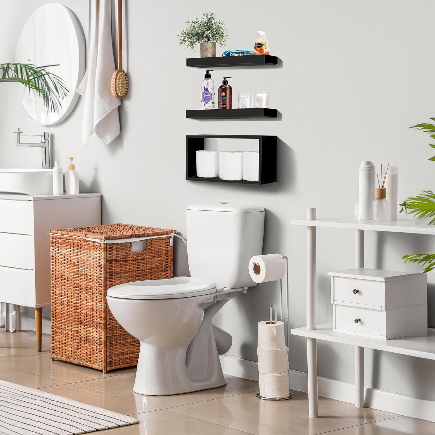 Sorbus Floating Wall Shelf Set - 2 Shelves with Invisible Brackets and 1 Rectangular Box Black