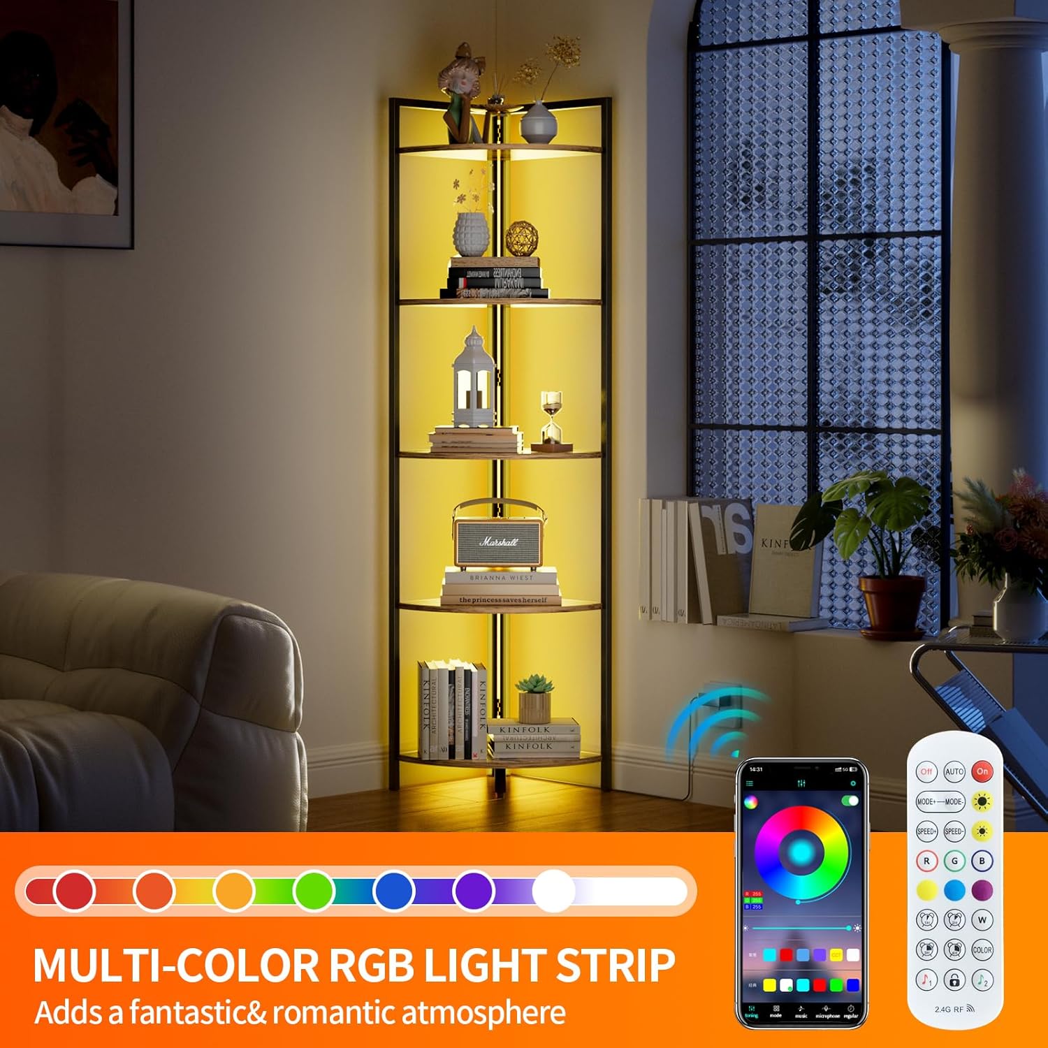 Rustic Brown Corner Shelf with LED Lighting