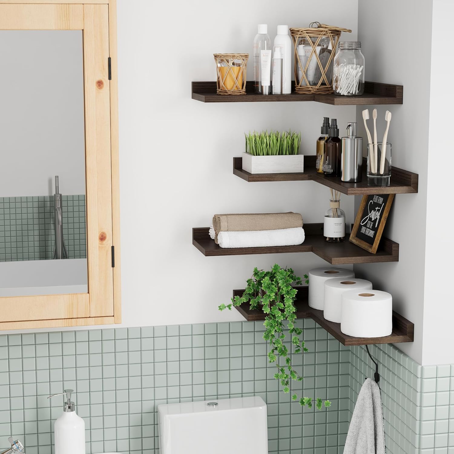 4 Tier Floating Corner Shelves Rustic Walnut