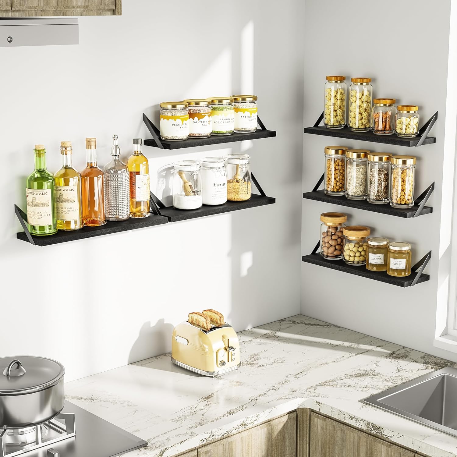 SRIWATANA Weathered Black Floating Shelves Set of 6