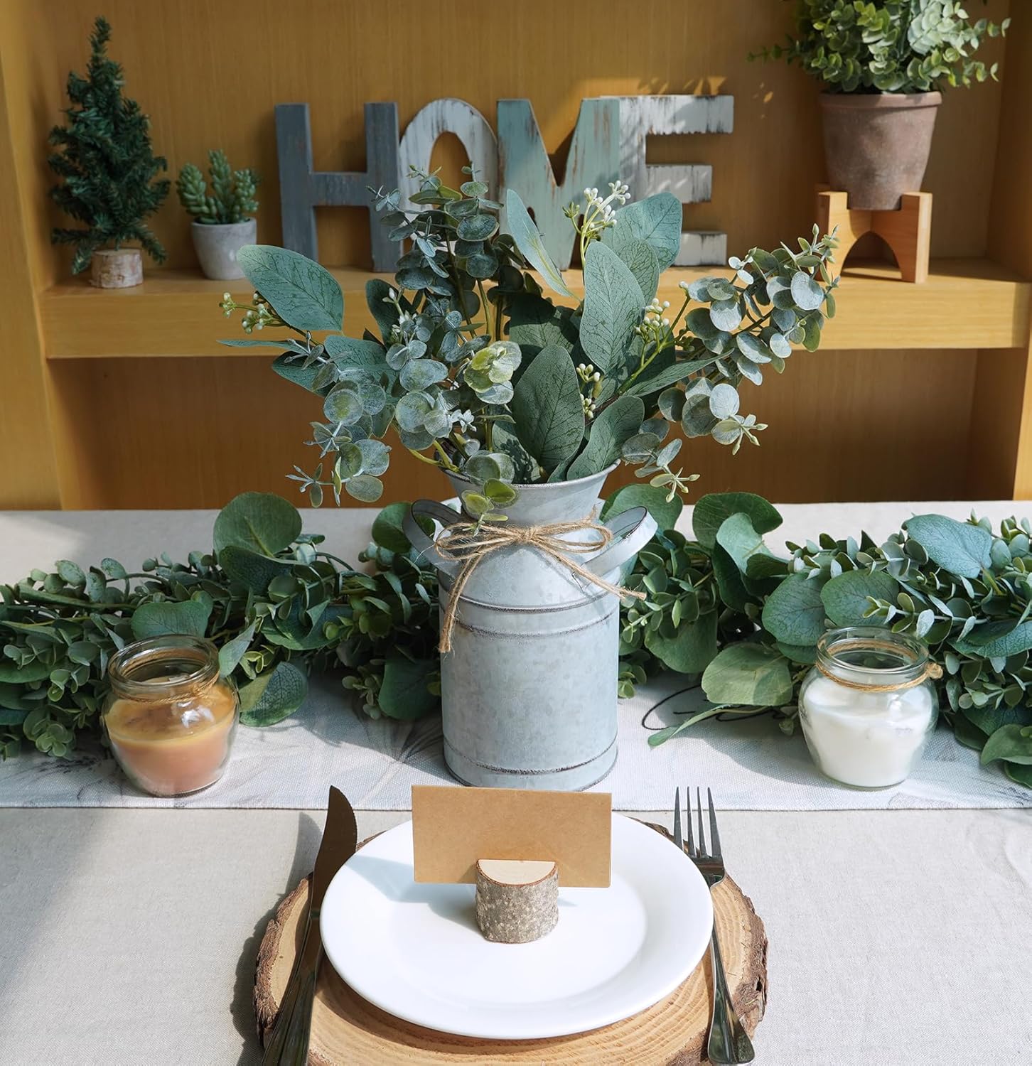 Winlyn Rustic Metal Milk Can Vase with Artificial Eucalyptus Stems