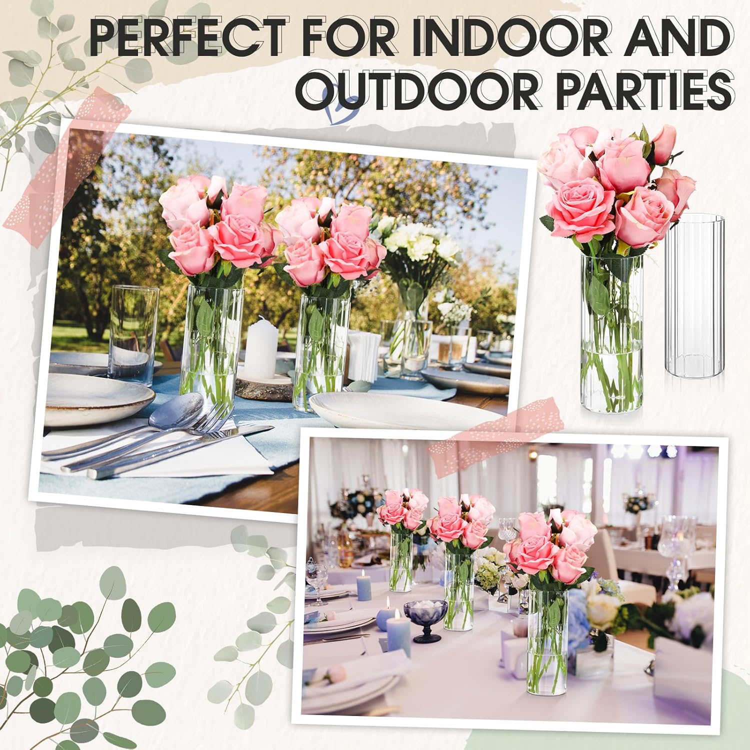 12 Pcs Clear Ribbed Glass Cylinder Vases for Centerpieces Wedding Home Decor