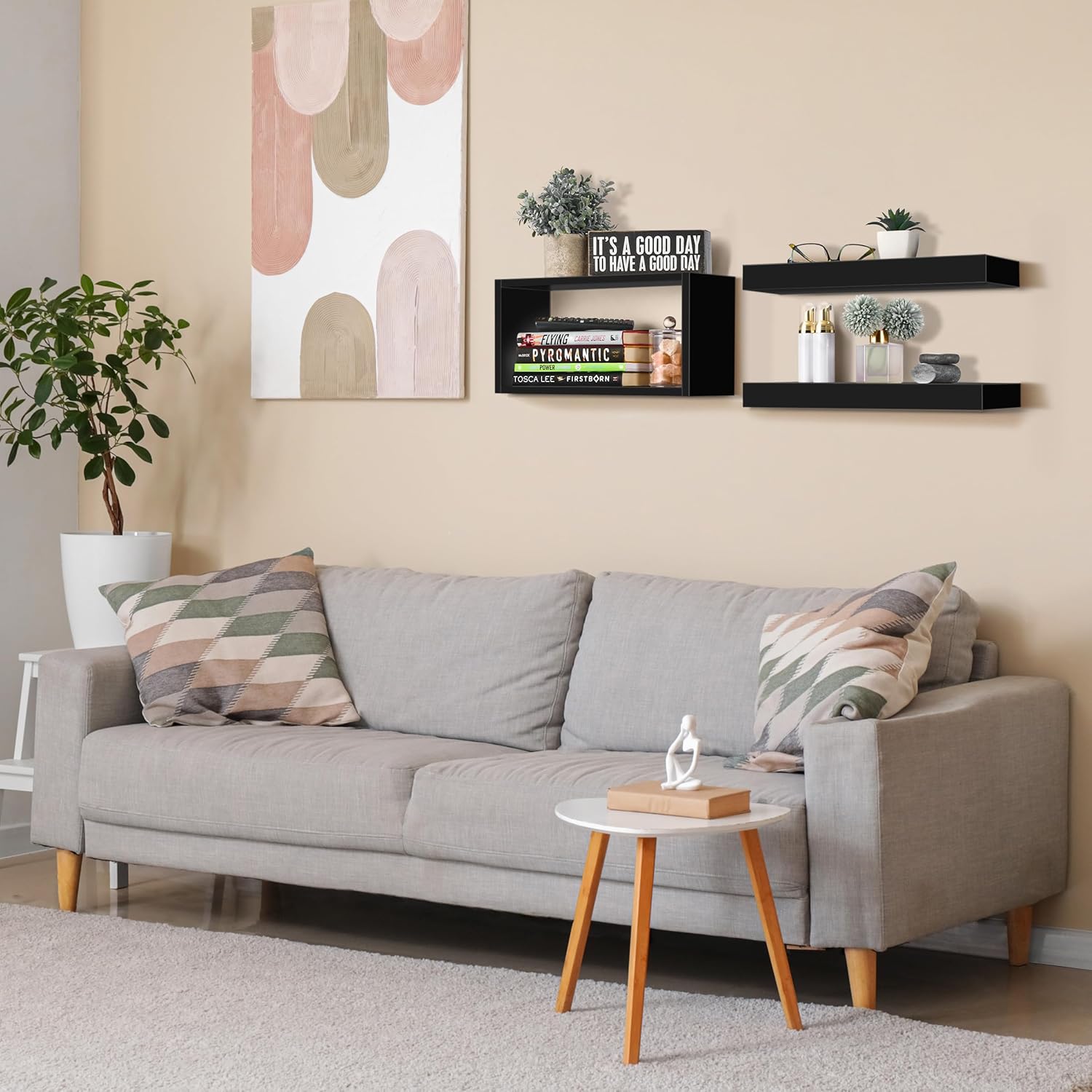 Sorbus Floating Wall Shelf Set - 2 Shelves with Invisible Brackets and 1 Rectangular Box Black