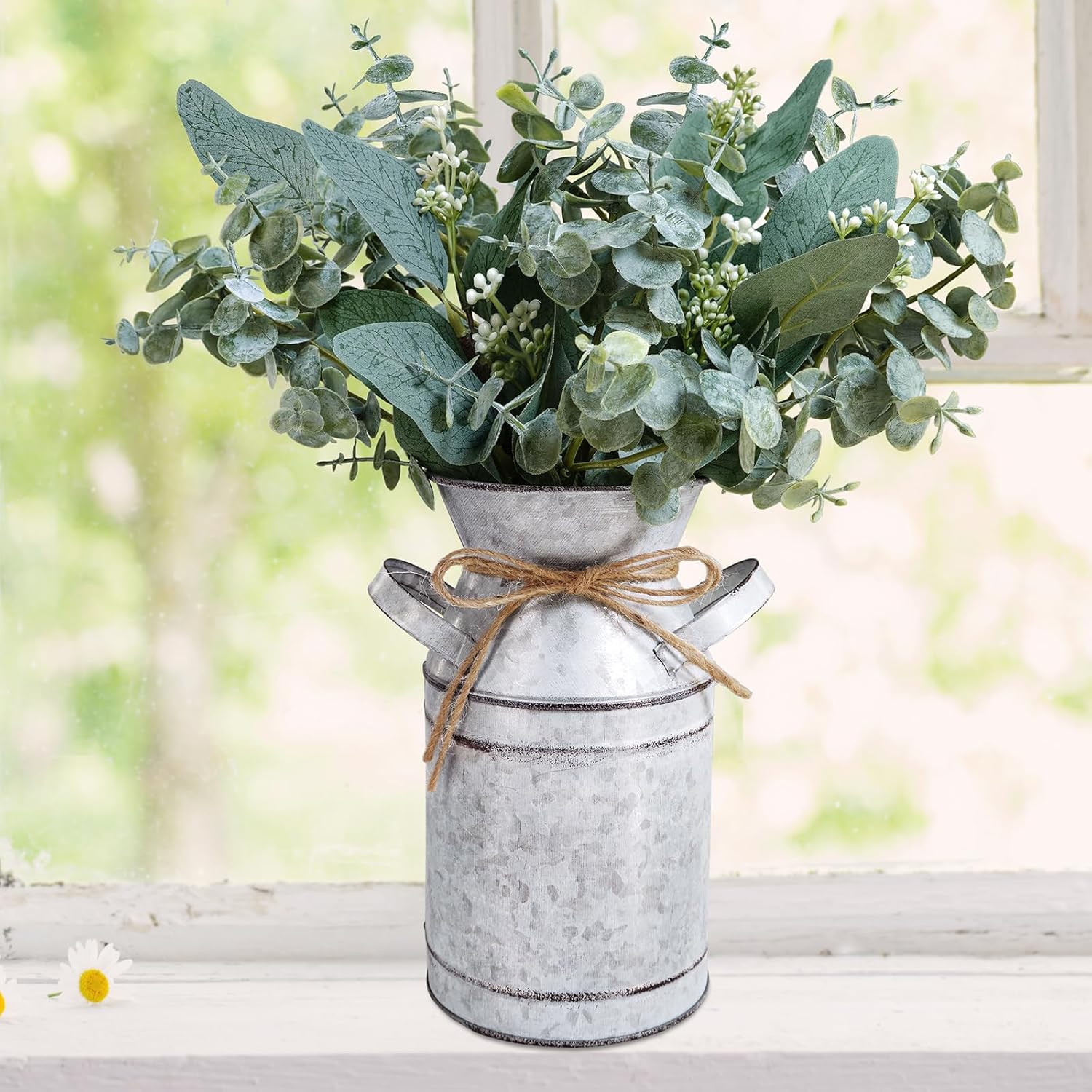 Winlyn Rustic Metal Milk Can Vase with Artificial Eucalyptus Stems