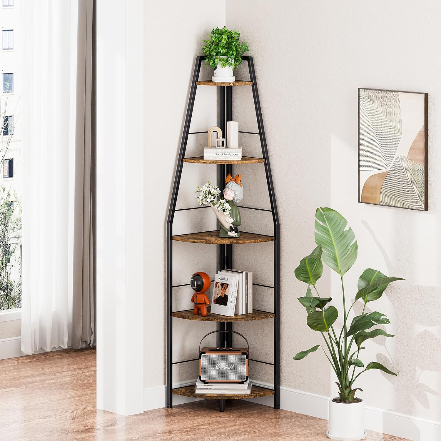 Rustic Tall Corner Ladder Shelf 5 Tier Industrial Bookshelf