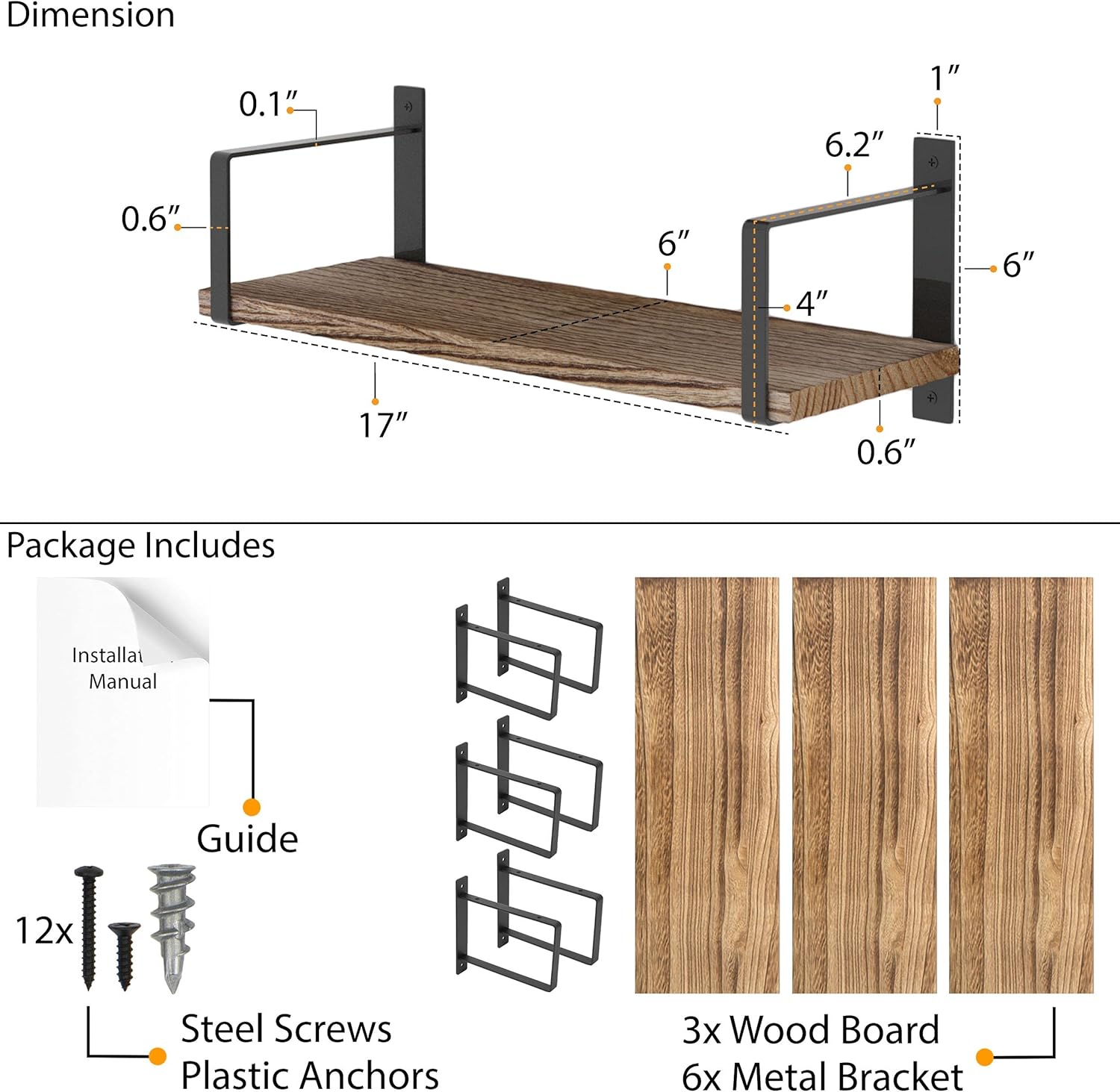 Wallniture Toledo Floating Shelves Set of 3 Burned Finish