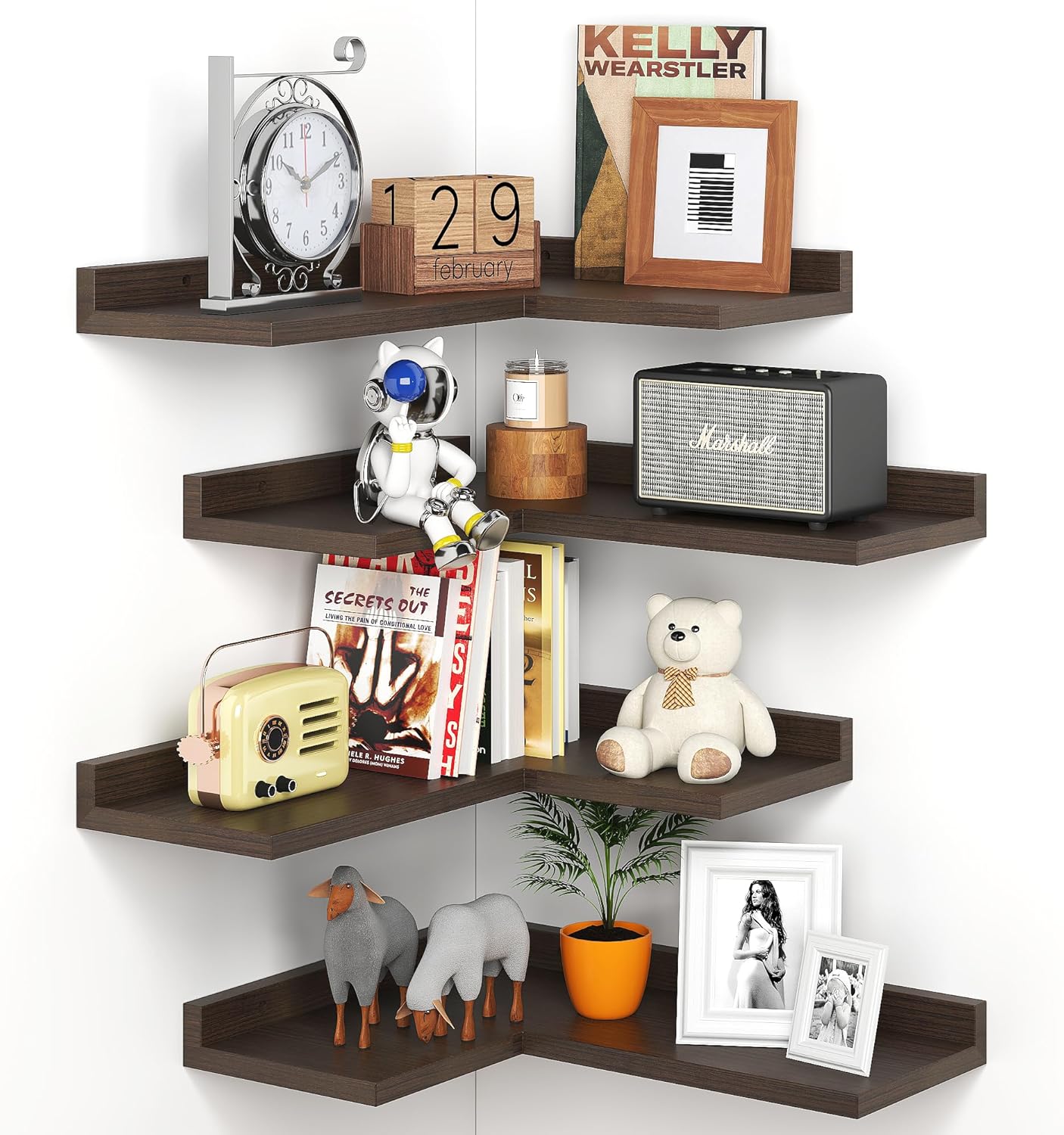 4 Tier Floating Corner Shelves Rustic Walnut