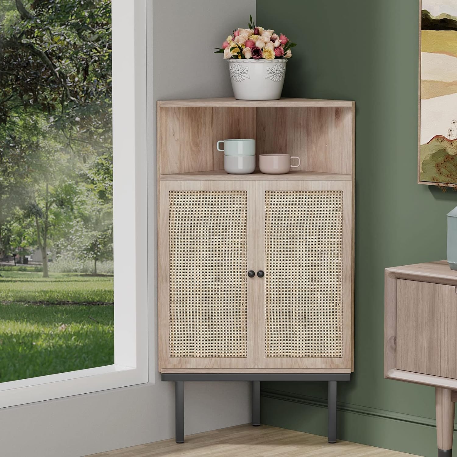 Yechen Corner Storage Cabinet with Adjustable Shelves and Rattan Doors