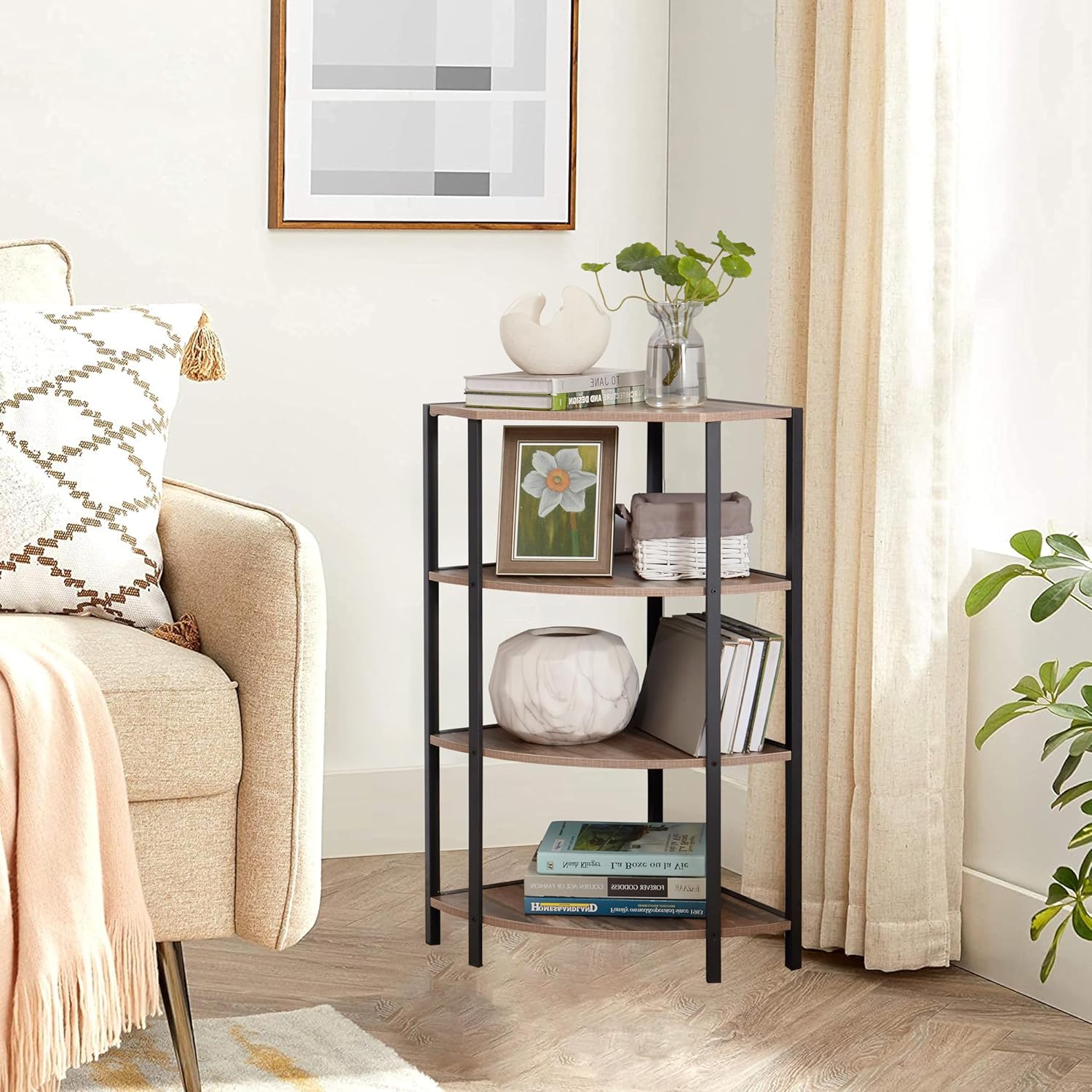 JOIN IRON 4-Tier Corner Bookshelf with Plant Stand