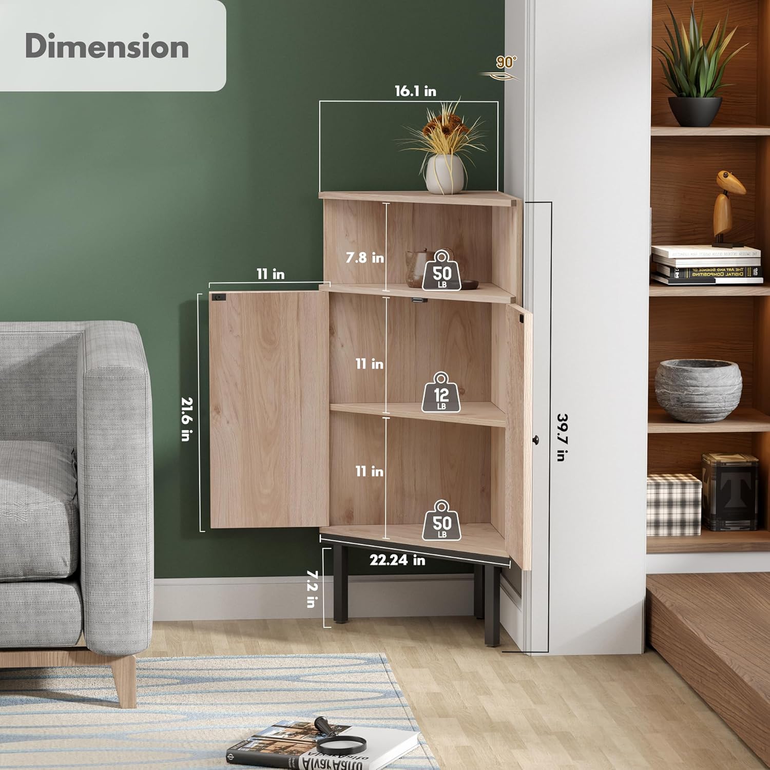 Yechen Corner Storage Cabinet with Adjustable Shelves and Rattan Doors