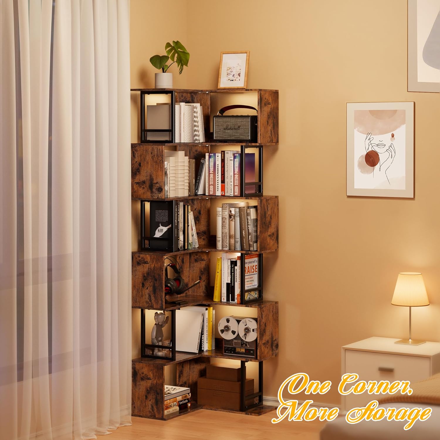 7 Tier Corner Bookshelf - Brown Tall Industrial Design