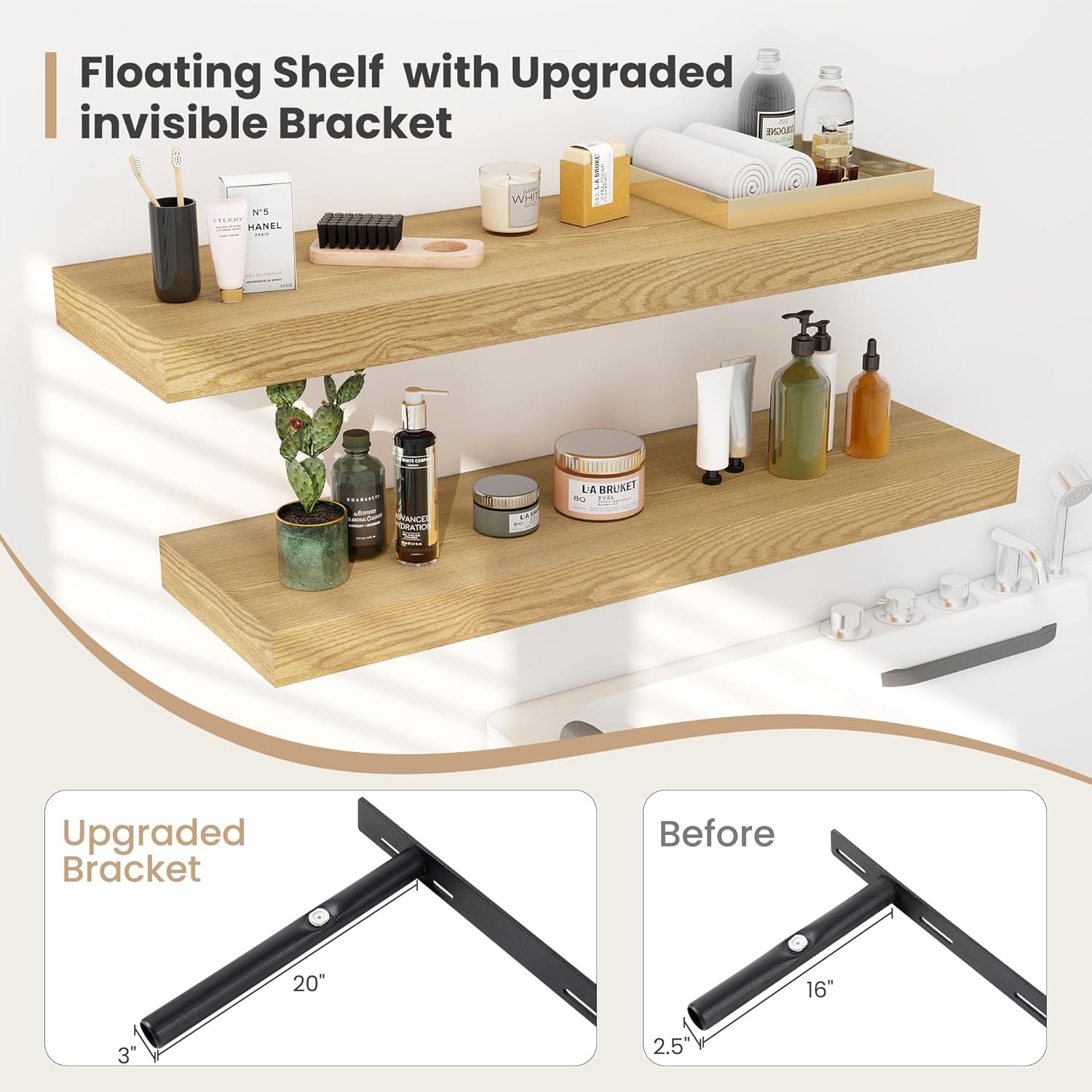 12 Inch Deep Floating Shelves with Invisible Brackets Oak 2 Pack