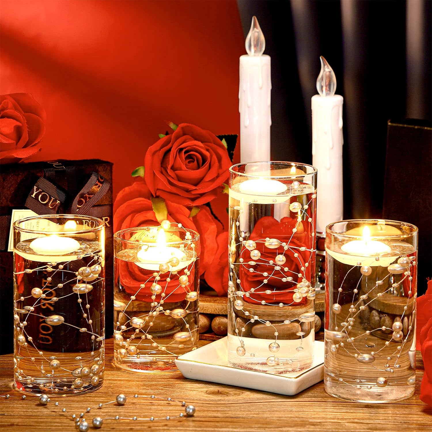 Hoolerry 9 Piece Clear Glass Cylinder Vases with Floating Candles and Pearl Strings for Wedding Table Decor