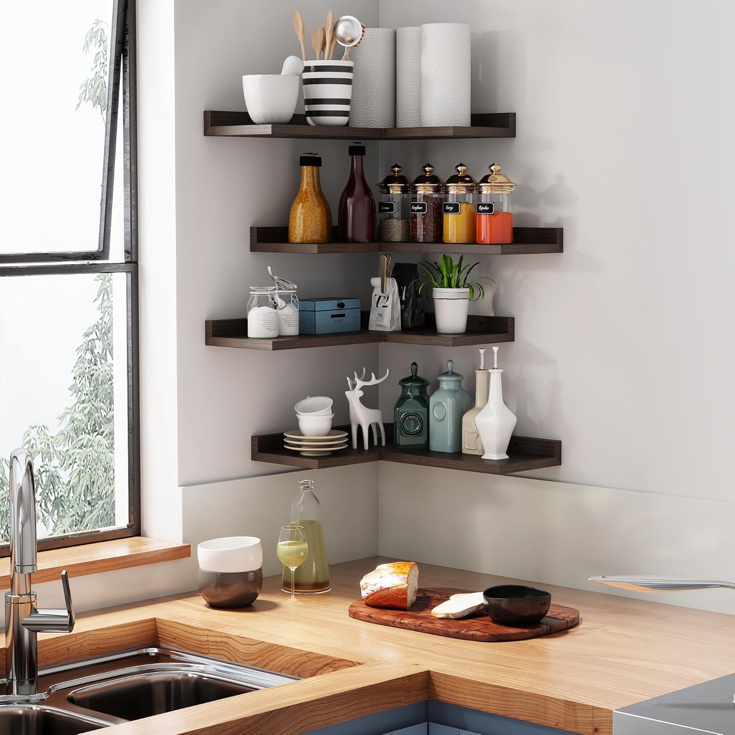 4 Tier Floating Corner Shelves Rustic Walnut