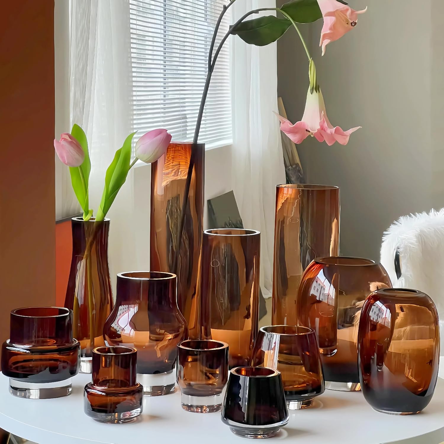 8 Inch Amber Hurricane Candleholder 35lb Thick Glass Vase