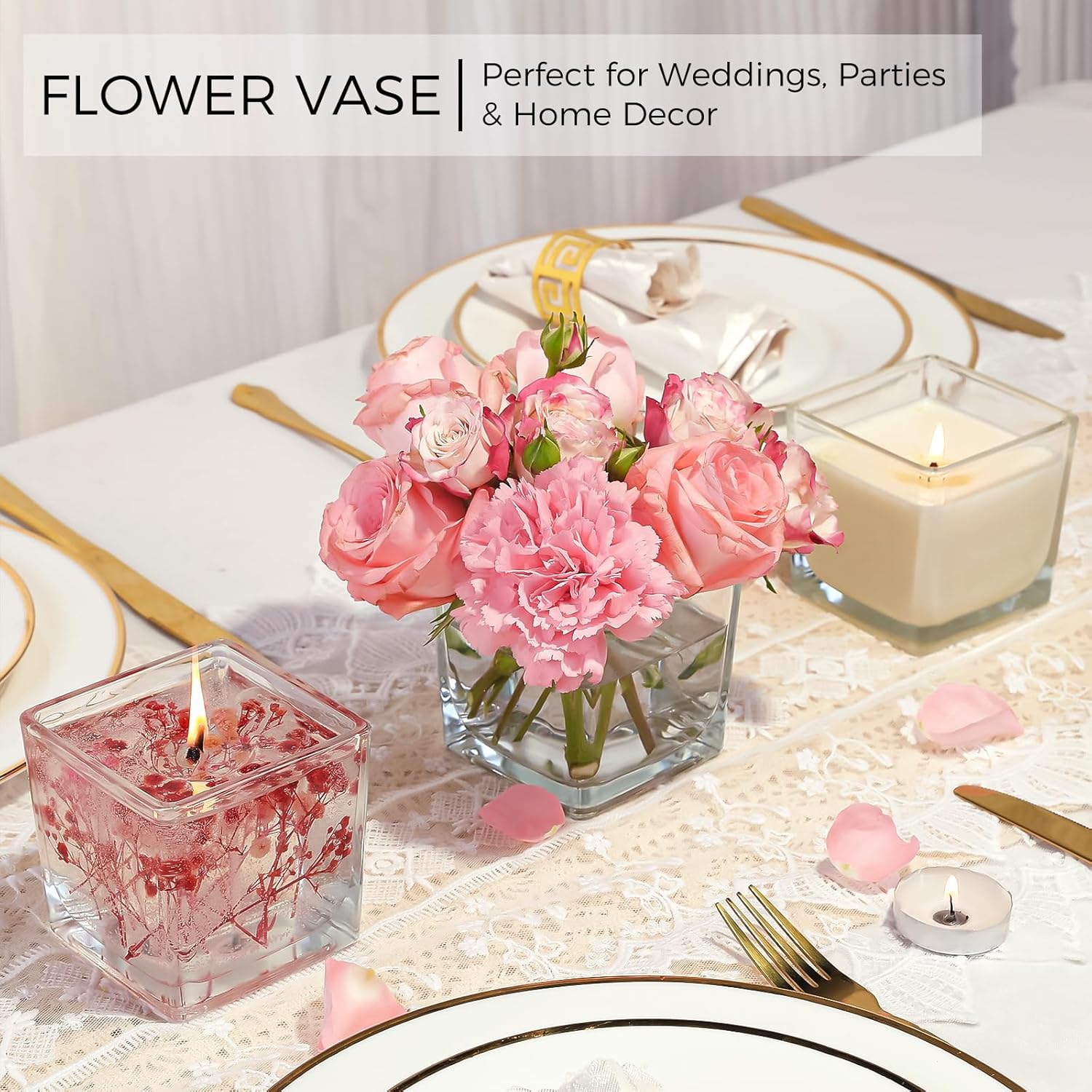 CONNOO 12 Pack Clear Square Glass Vases 3x3x3 for Centerpieces and Decor