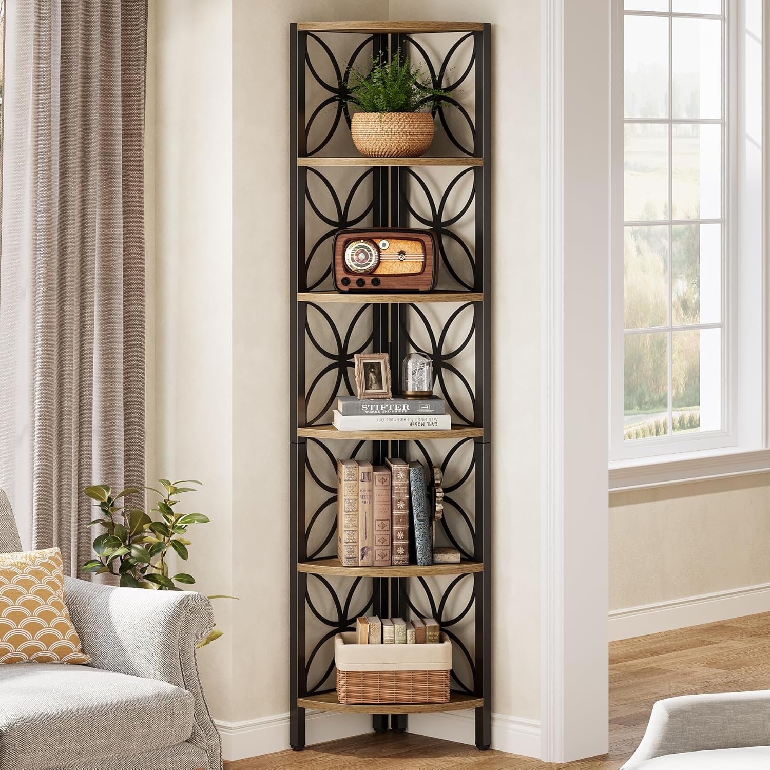 Tribesigns 6-Tier Corner Bookshelf Rustic Industrial Design
