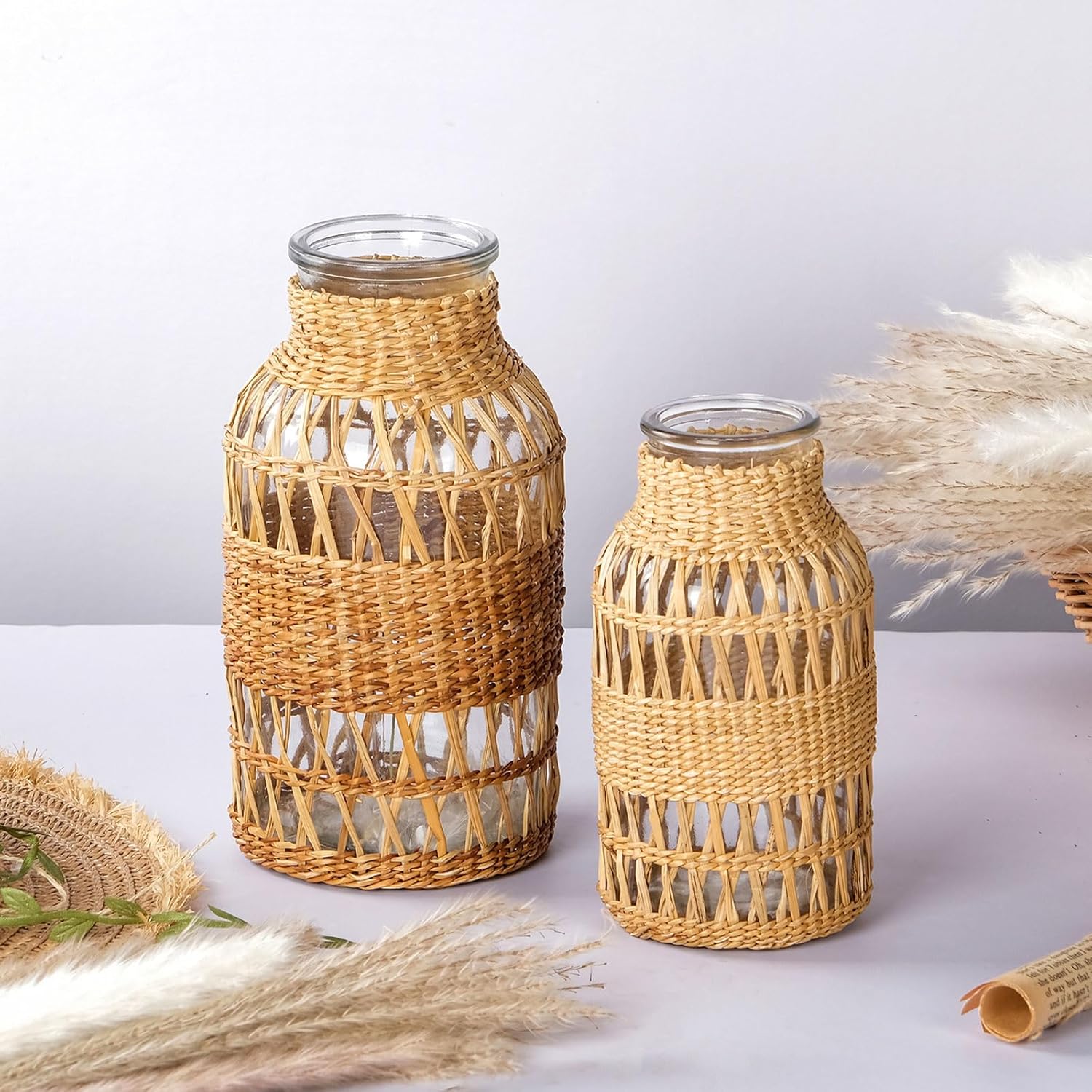 WHJY Boho Vase - Large Rattan Covered Glass Jar for Home Decor